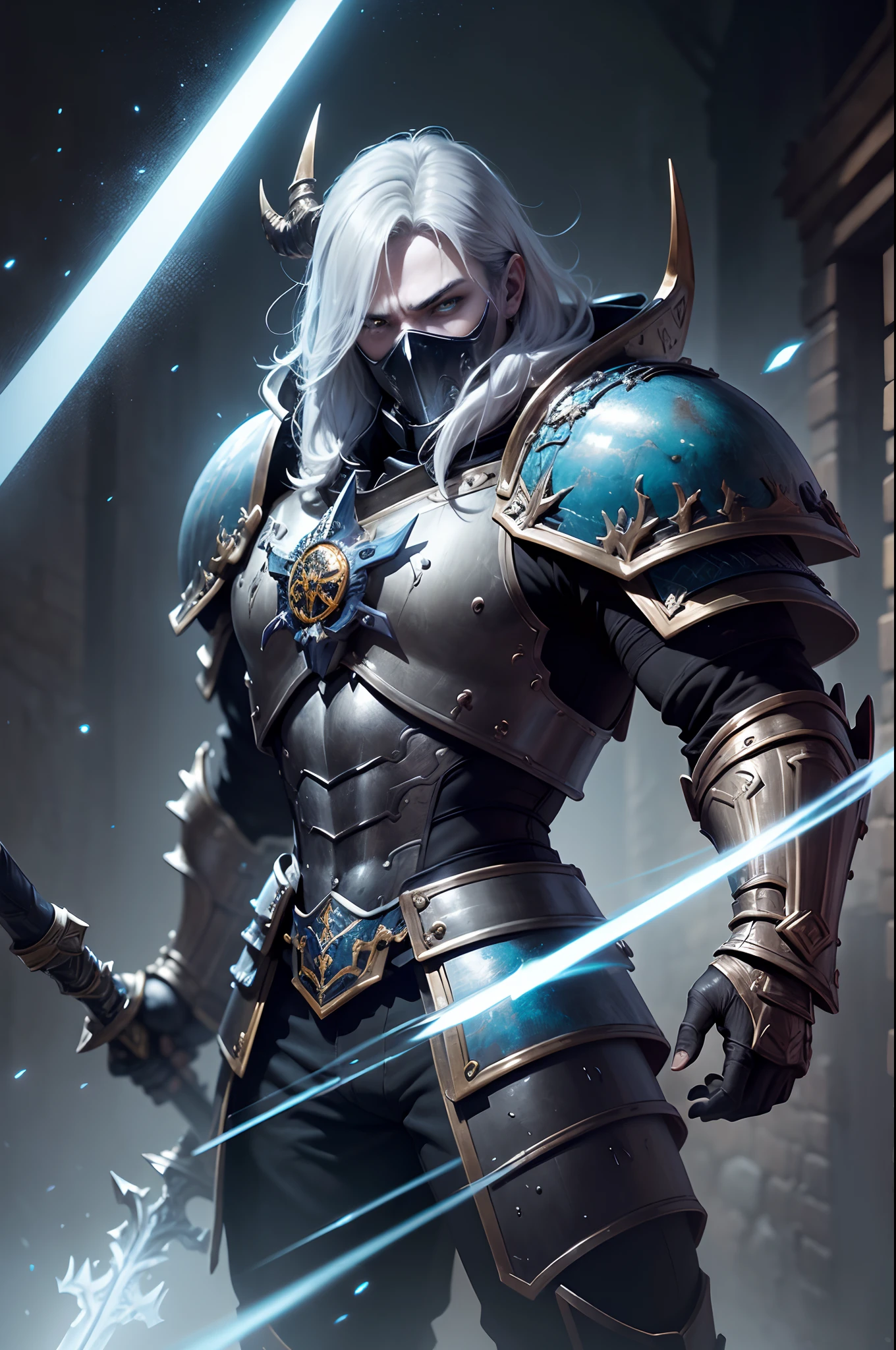 8K分辨率(full body Esbian:1.3)shots、splashart、Great cartoon style、Photorealistic and intense look、Male knight with fearless face,Anatomical Photorealistic Digital Painting(Adult male:1.3)Human portrait(AS-Adult:1.3)Black and silver complex(heavily armored:1.3)with  the(Dark and moody universe:1.3)、light particules、highlydetailed skin、knights、extremely detailed eye、 (Elden Ring-style:1.1)、(warhammer style:1.3)、Concept Artist、globalillumination、depth of fields、splashart、art by:ArtGerm、by Greg Rutkowsky、viktoria gavrilenko,Big Sword Details,Male Knight