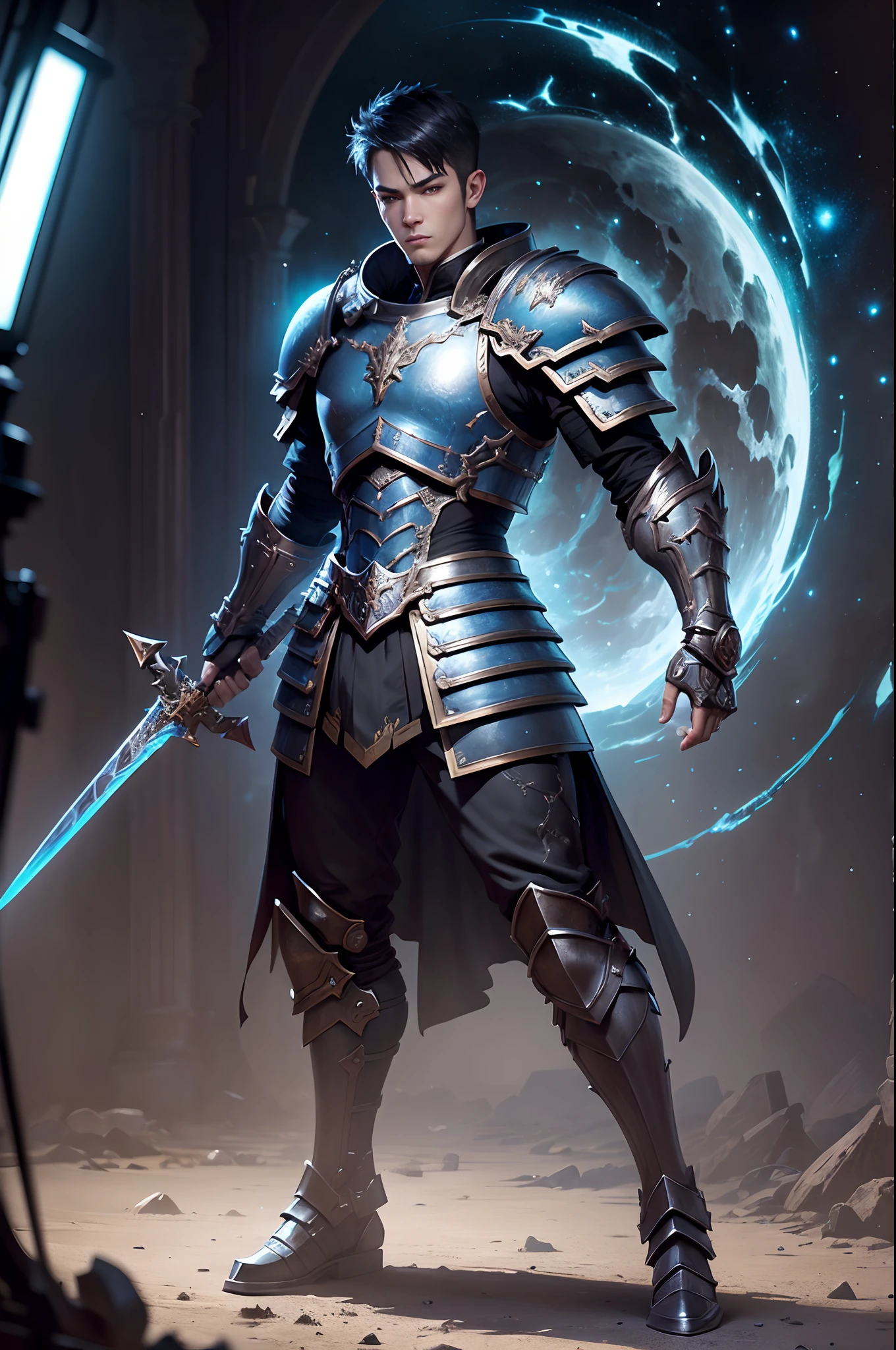 8K分辨率(full body Esbian:1.3)shots、splashart、Great cartoon style、Photorealistic and intense look、Male knight with fearless face,Anatomical Photorealistic Digital Painting(Adult male:1.3)Human portrait(AS-Adult:1.3)Black and silver complex(heavily armored:1.3)with  the(Dark and moody universe:1.3)、light particules、highlydetailed skin、knights、extremely detailed eye、 (Elden Ring-style:1.1)、(warhammer style:1.3)、Concept Artist、globalillumination、depth of fields、splashart、art by:ArtGerm、by Greg Rutkowsky、viktoria gavrilenko,Big Sword Details,Male Knight