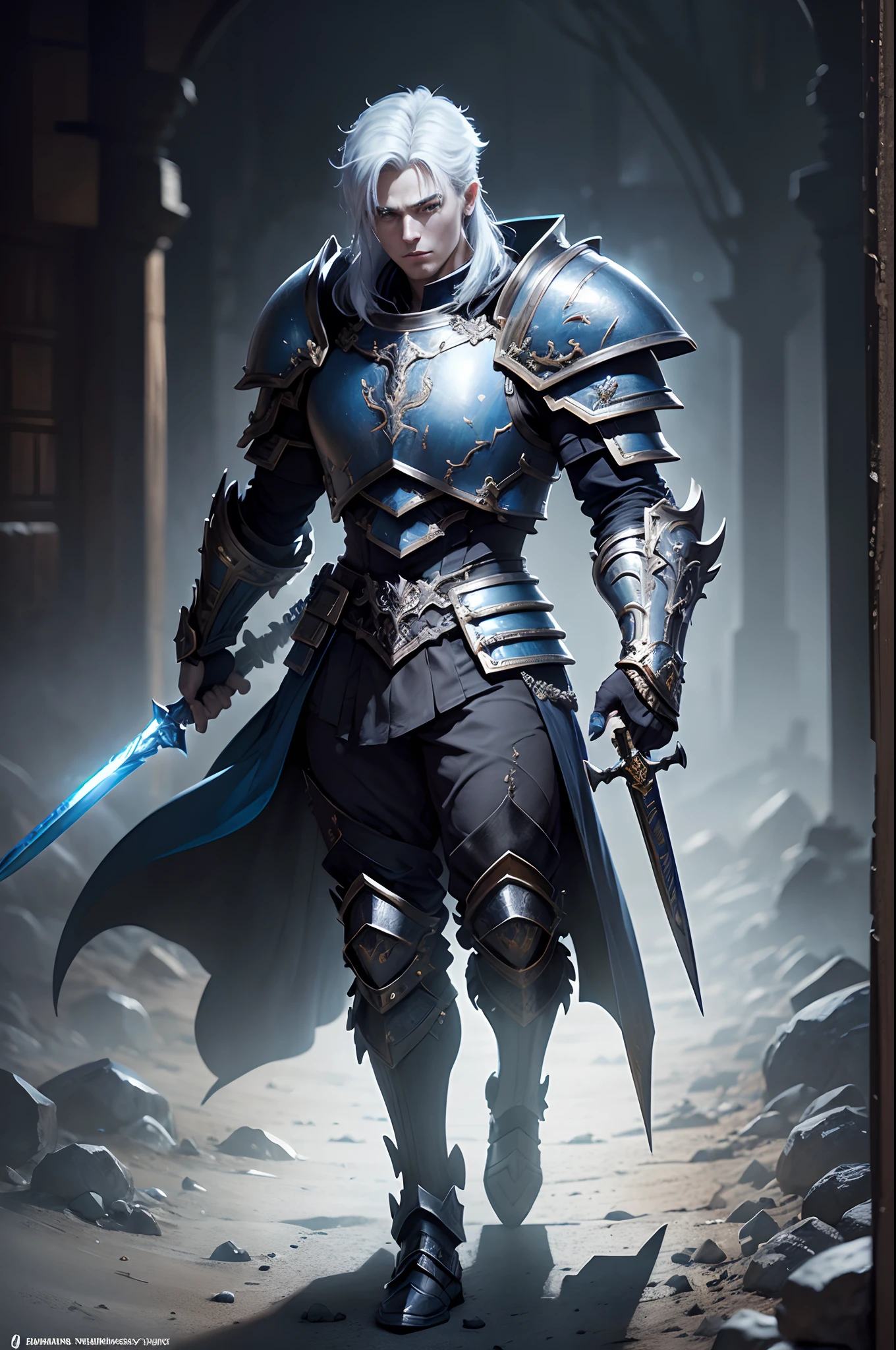 8K分辨率(full body Esbian:1.3)shots、splashart、Great cartoon style、Photorealistic and intense look、Male knight with fearless face,Anatomical Photorealistic Digital Painting(Adult male:1.3)Human portrait(AS-Adult:1.3)Black and silver complex(heavily armored:1.3)with  the(Dark and moody universe:1.3)、light particules、highlydetailed skin、knights、extremely detailed eye、 (Elden Ring-style:1.1)、(warhammer style:1.3)、Concept Artist、globalillumination、depth of fields、splashart、art by:ArtGerm、by Greg Rutkowsky、viktoria gavrilenko,Big Sword Details,Male Knight