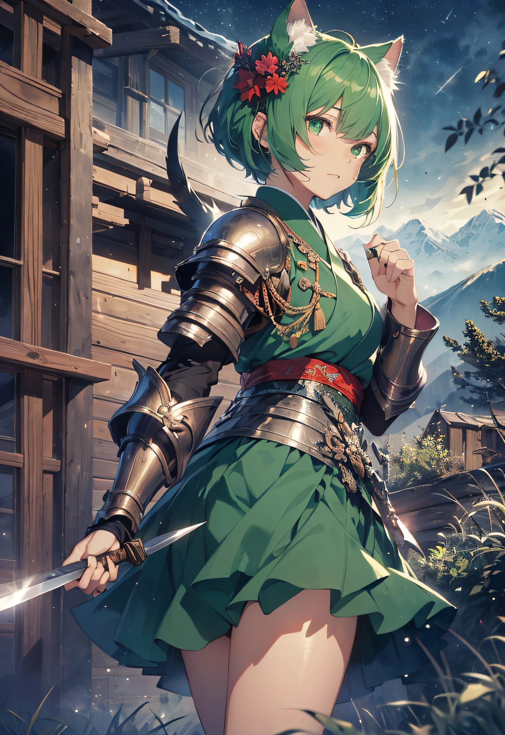 Beautiful detailed girl, Clear and beautiful, Character as the main point of view, radiant skin, girls, femele, young, 20yo, bobbed hair, Short Cut, short-hair, Beautiful detail glass hair, ((European-style green battle armor))Beautiful details, cold face, cold expression, beautiful-detailed eyes, green pupil, Moderate chest, Green Eyes, Full-fledged skin texture, Very good 8KCG wallpapers, very fine 8K CG wallpaper, watercolor (medium), female warrior, green hair, (((Full-body cut))), Cat's ears, Long knives, ((Traditional green hanbok)), Short skirt length, The skirt side part length is long, Skirt side pattern, Skirt back slit, Short on the back of the skirt, Long knives, Traditional sword, Wielding, Attacking Posture, Levitation, (((s whole body))), Show your whole body, Moonlit night, (((Dark Night, Deep Night))) (((Natural Background, mountains, wood))), ((plein air))