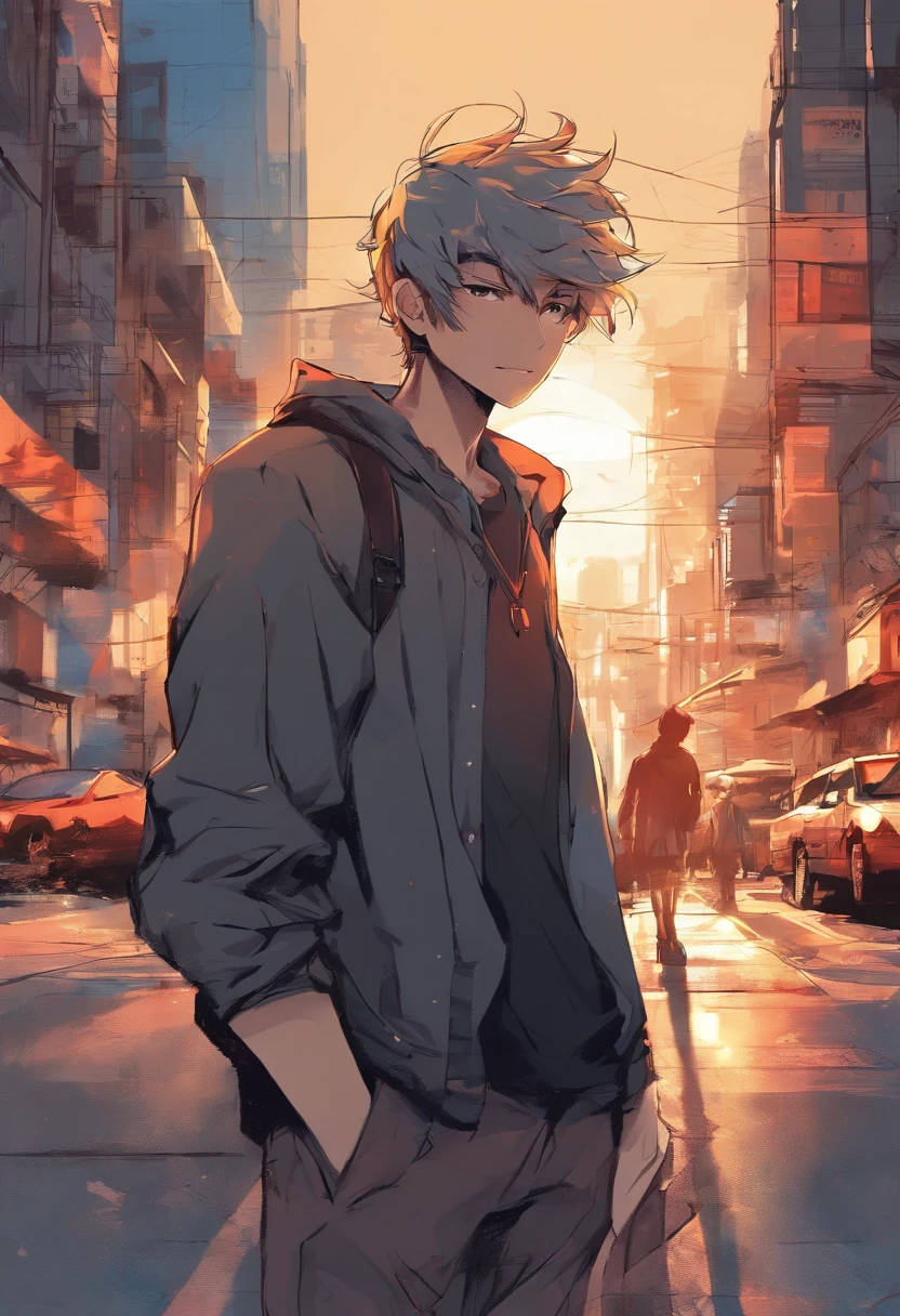 A guy, transformed into an anime style, with exaggerated unique facial features and clothing, standing on a bustling city street, backlit background highlighting the subject, sun set
high-contrast colors, 4K high-definition quality,young, smiling, handsome
