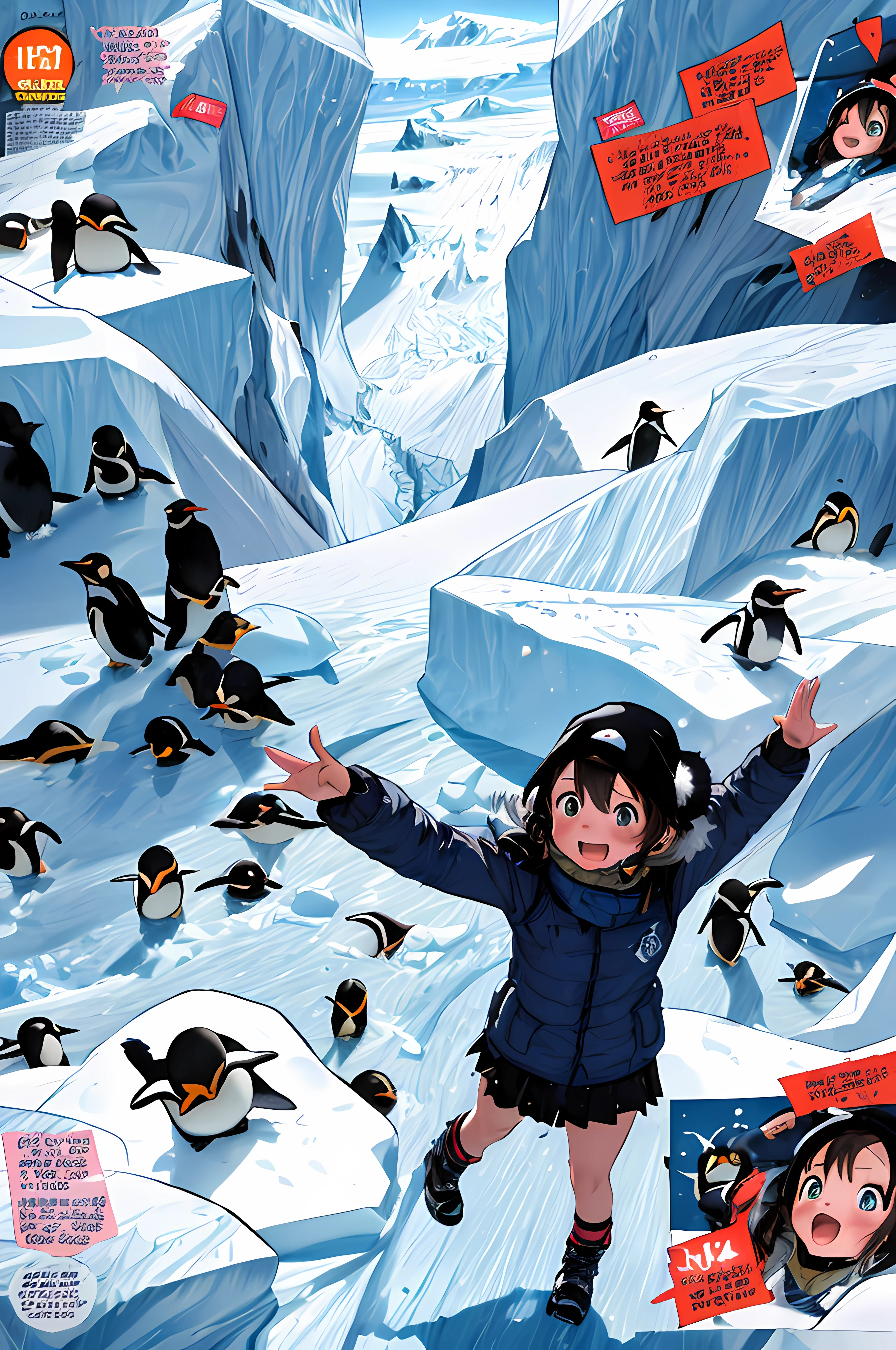 create a comic book of a  girl going to antarctica to see the penguins