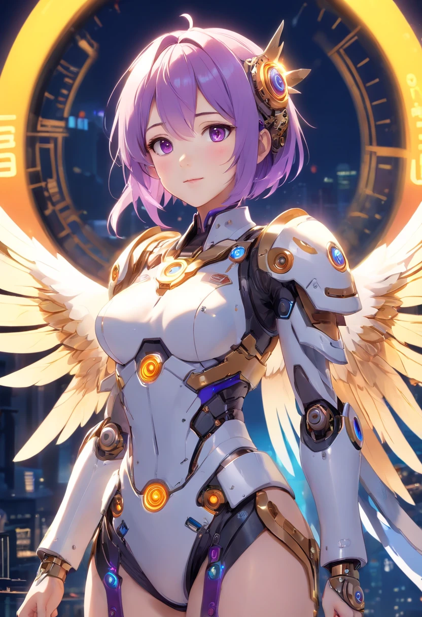 Create a book bot, 12 to , With a charming smile, Trigger people's emotions, The gesture of the arrival of the angel、Suspended in mid-air、facing at camera、Complete body,in a panoramic view、12 to 16 years oldrming smile, Trigger people's emotions, When you see him, top-quality、tmasterpiece、超A high resolution、(Photorealsitic:1.4)、RAW photo、Steampunk robot angel、Large wing made of metal、White porcelain body、whaite hair、glowy skin、Cyborg girl、((Super realistic details))、porate、The mechanical technology background rounds up the halo of time and the gears are constantly spinning behind it、globalillumination、black shadows、octan render、8K、ultrasharp、Character edge light,Colossal tits、Raw skin is exposed in cleavage、Details of complex ornaments、Acrylic transparent cover、Sumerian details、Hydraulic cylinder、small led lights、highly intricate detail、Realistic light、a purple eye、Radiant eyes、Facing the camera、neon light detail、cow boy shot、Futuristic headgear、Floor plan about the《cyber punk perssonage》、Extra meticulous、future-tech、Faraway view、Full body photo、