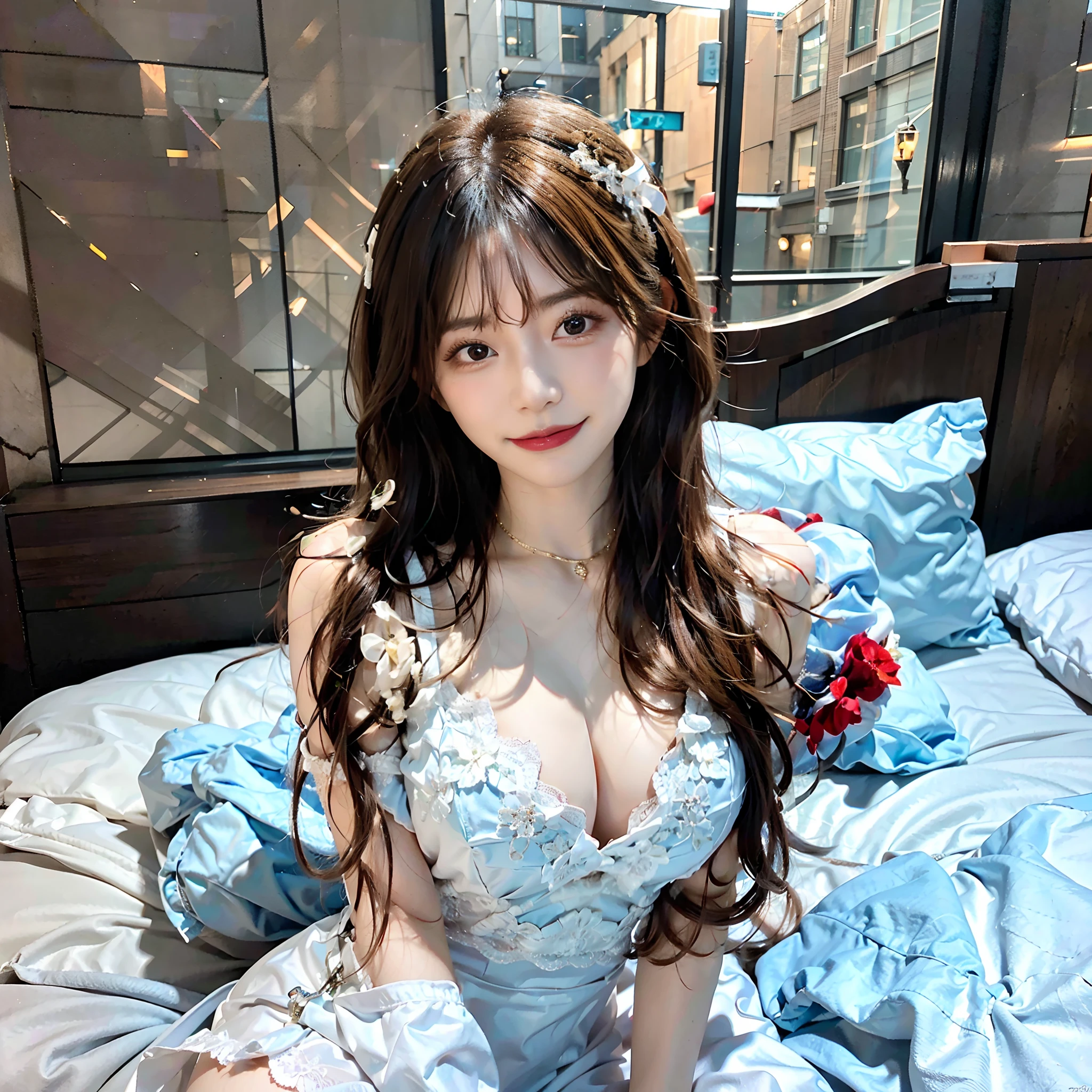 Realistic women: 1. Bond Hair 2. Brown Eyes 3. Beautiful Face 4. Beautiful long hair 5. Perfect Figure. 6. Cute Smile 7. Beautiful Breasts 8. Beautiful legs 9. White lingerie 10. White Lace Bra 11.Hands crossed behind 12. 5 inch, Beautiful and perfect 13. sitting on the bed.