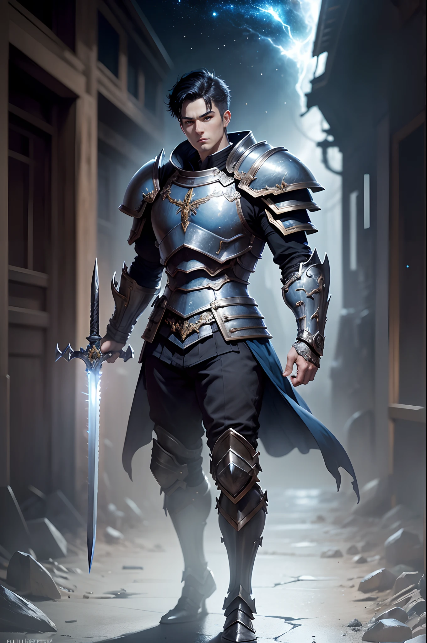 8K分辨率(full body Esbian:1.3)shots、splashart、Great cartoon style、Photorealistic and intense look、Male knight with fearless face,Anatomical Photorealistic Digital Painting(Adult male:1.3)Human portrait(AS-Adult:1.3)Black and silver complex(heavily armored:1.3)with  the(Dark and moody universe:1.3)、light particules、highlydetailed skin、knights、extremely detailed eye、 (Elden Ring-style:1.1)、(warhammer style:1.3)、Concept Artist、globalillumination、depth of fields、splashart、art by:ArtGerm、by Greg Rutkowsky、viktoria gavrilenko,Big Sword Details,Male Knight