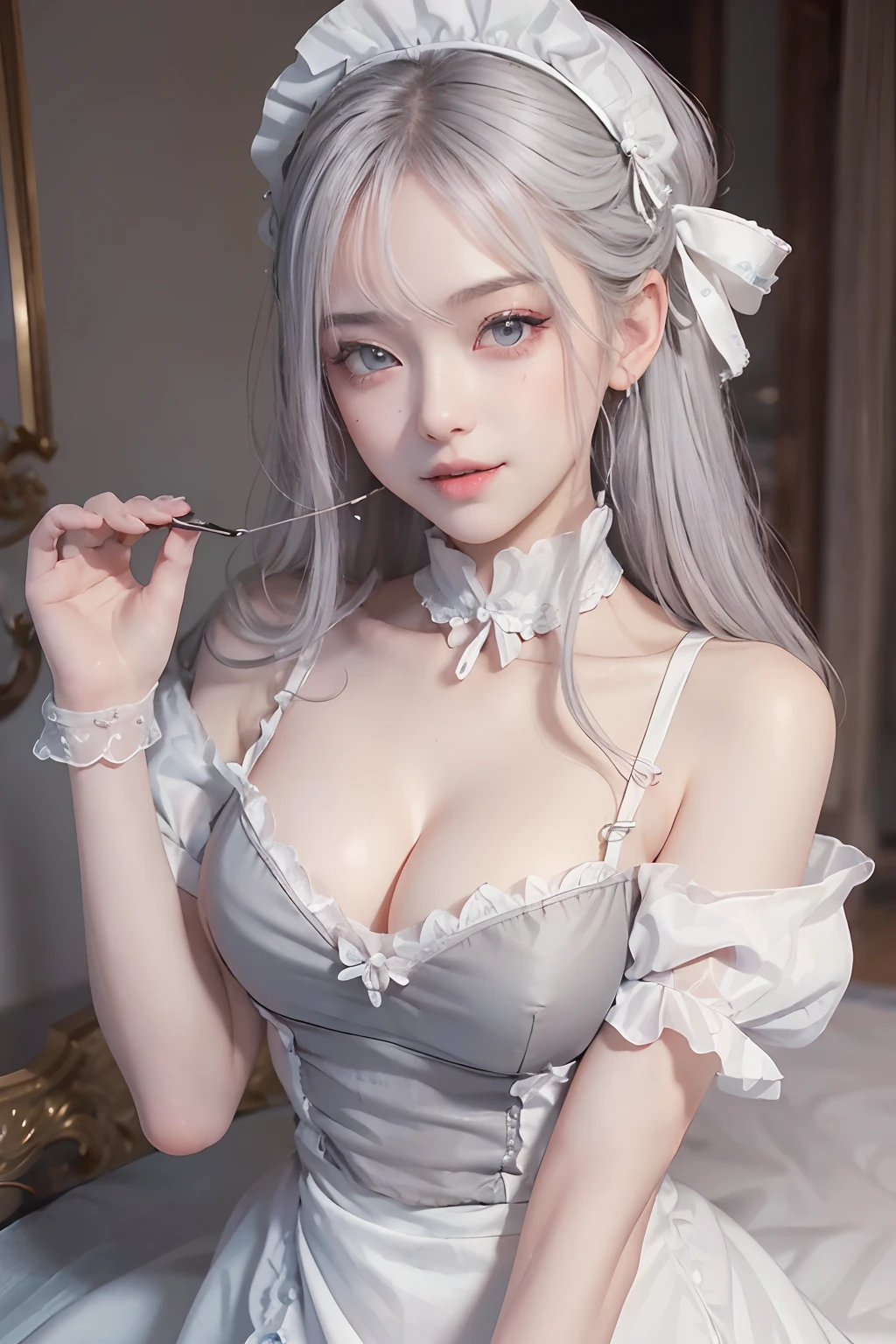 ((top-quality:1.3、8K、​masterpiece))、1girl in、Lick your dick、Open your mouth a little、Detailed Face 1:2、kawaii faces、A detailed eye、a smile、maid clothes、Pretty Woman、(white-gray hair)、full bodyesbian、all-fours:1.2、