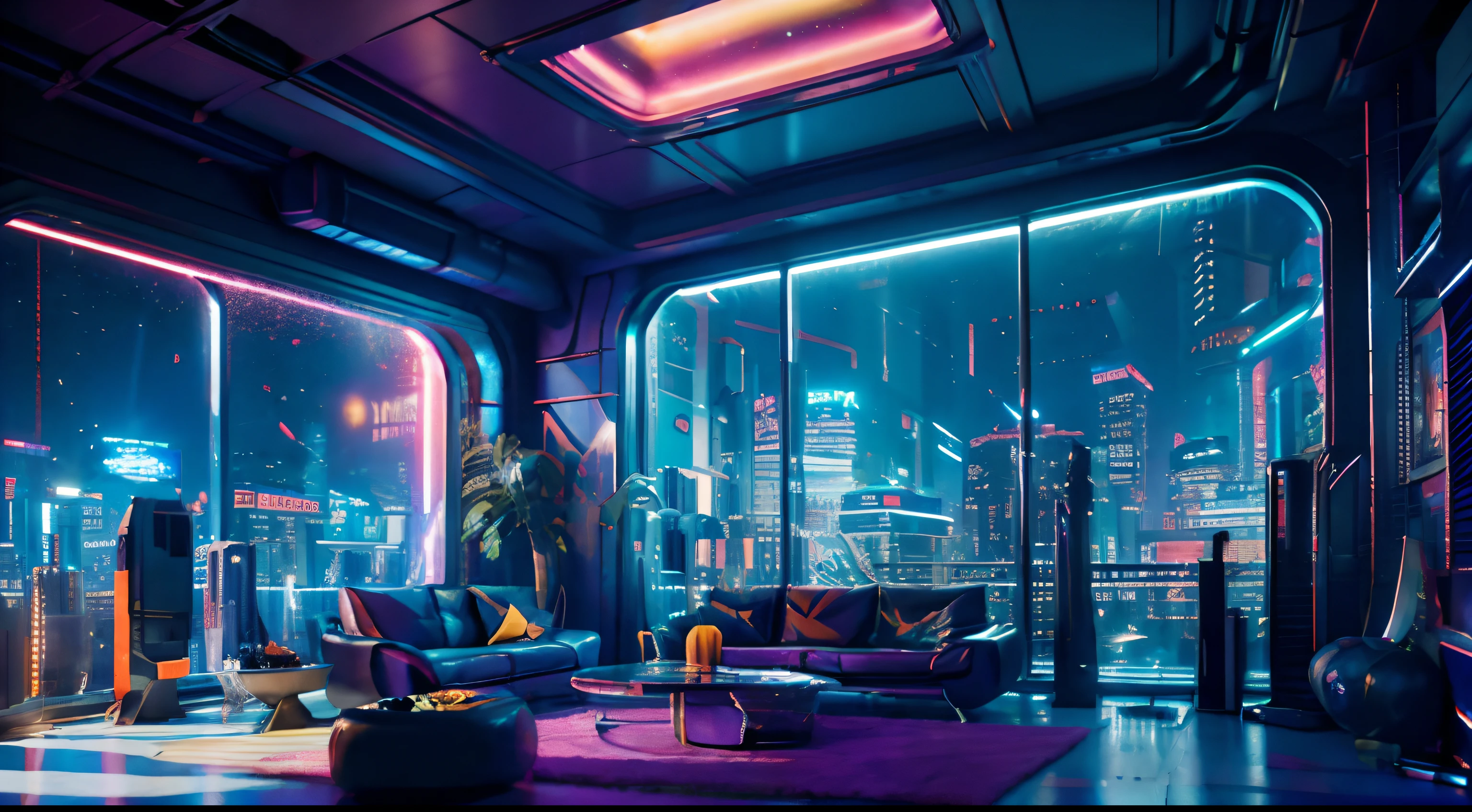 （（tmasterpiece）），（hyper-detailing），（Complicated details），（High resolution CGI artwork 8k），A futuristic cyberpunk living room。Large windows for balcony floor-to-ceiling windows，Busy and colorful、Detailed cyberpunk cityscape。Futuristic style，There are many colors and LED lights。The cityscape should be very detailed，depth of fields。Create depth with atmospheric lighting，Evoke the feeling of a busy futuristic city outside the window。cameras：Wide-angle lens showing rooms and windows。The window should be the focal point of the image。illuminating：Use atmospheric and volumetric lighting to enhance cityscape detail。The room should be illuminated by the neon lights of the cityscape