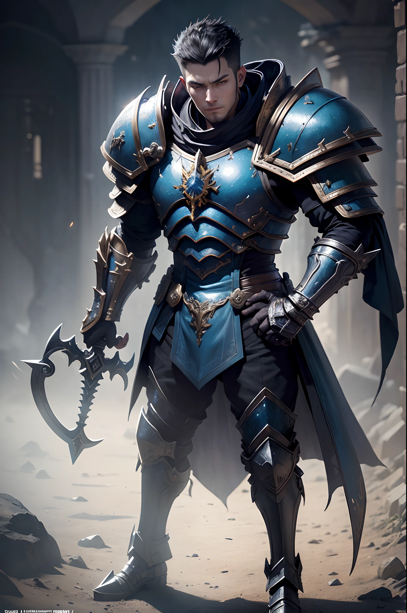 Boys in 8K resolution(full body Esbian:1.3)shots、splashart、Great cartoon style、Photorealistic and young male appearance、Anatomical Photorealistic Digital Painting(shoun:1.3)Portrait of a young man(shoun:1.3)Blue and white complex(heavily armored:1.3)And white short-cut hair(Dark and moody universe:1.3)、Black clothe,light particules、highlydetailed skin、Demon Slayer、extremely detailed eye、 (Elden Ring-style:1.1)、(warhammer style:1.3)、Concept Artist、globalillumination、depth of fields、splashart、art by:ArtGerm、by Greg Rutkowsky、viktoria gavrilenko,Has a very large sword