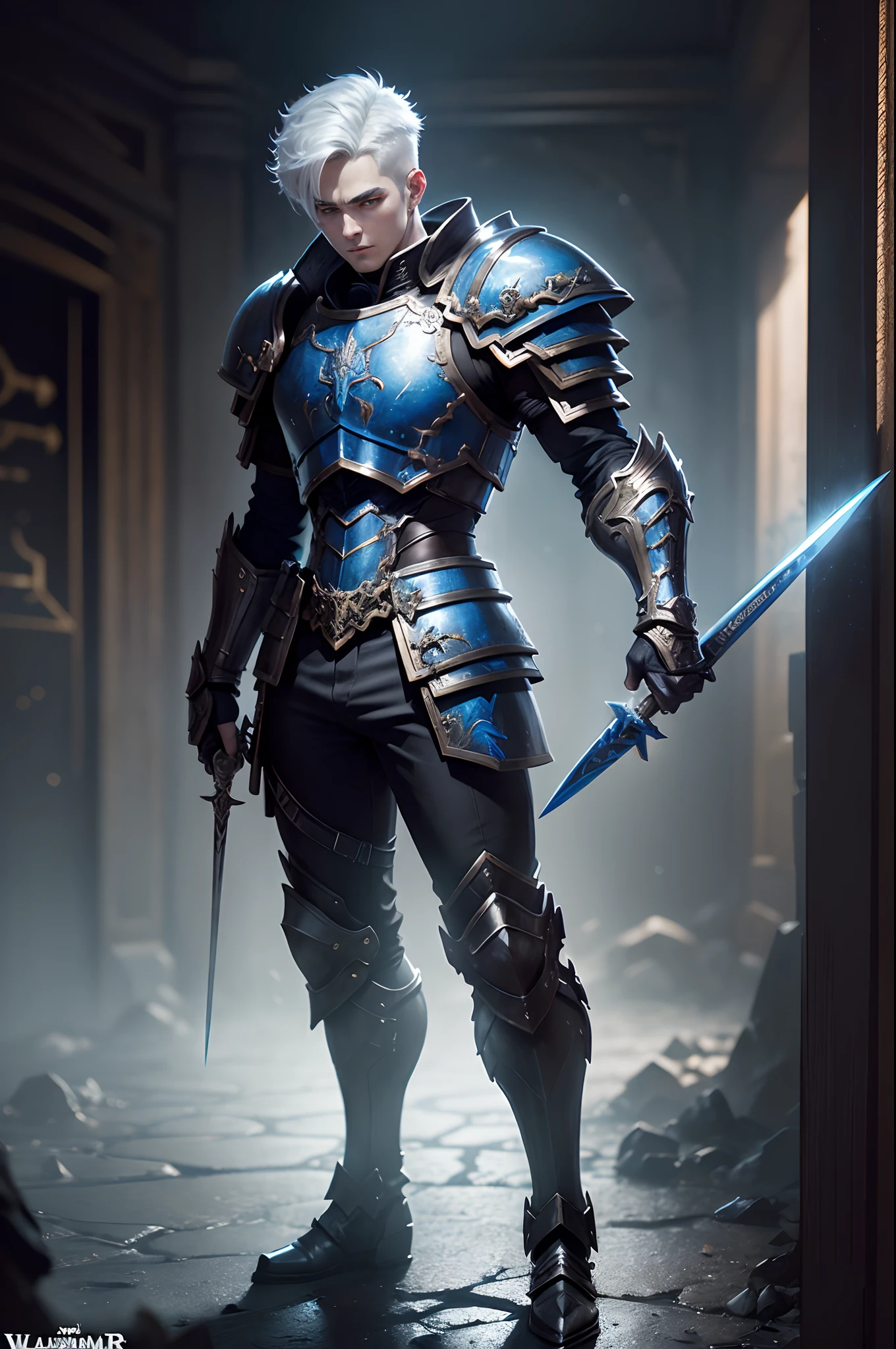 Boys in 8K resolution(full body Esbian:1.3)shots、splashart、Great cartoon style、Photorealistic and young male appearance、Anatomical Photorealistic Digital Painting(shoun:1.3)Portrait of a young man(shoun:1.3)Blue and white complex(heavily armored:1.3)And white short-cut hair(Dark and moody universe:1.3)、Black clothe,light particules、highlydetailed skin、Demon Slayer、extremely detailed eye、 (Elden Ring-style:1.1)、(warhammer style:1.3)、Concept Artist、globalillumination、depth of fields、splashart、art by:ArtGerm、by Greg Rutkowsky、viktoria gavrilenko,Has a very large sword