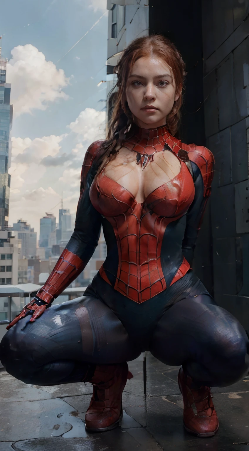 8k, masterpiece, hyper-realistic phitography of a beautiful girl, (in spiderman cyber suit), cute look, redhead hair in ponytail braid, large boobs, cleavage out, slim fit body with perfec abs, (((dynamic pose, leanning foward, squat legs))), on rooftop between high building in newyork city, night city, cloud, cinematic, dramatic lighting, low angle shot.