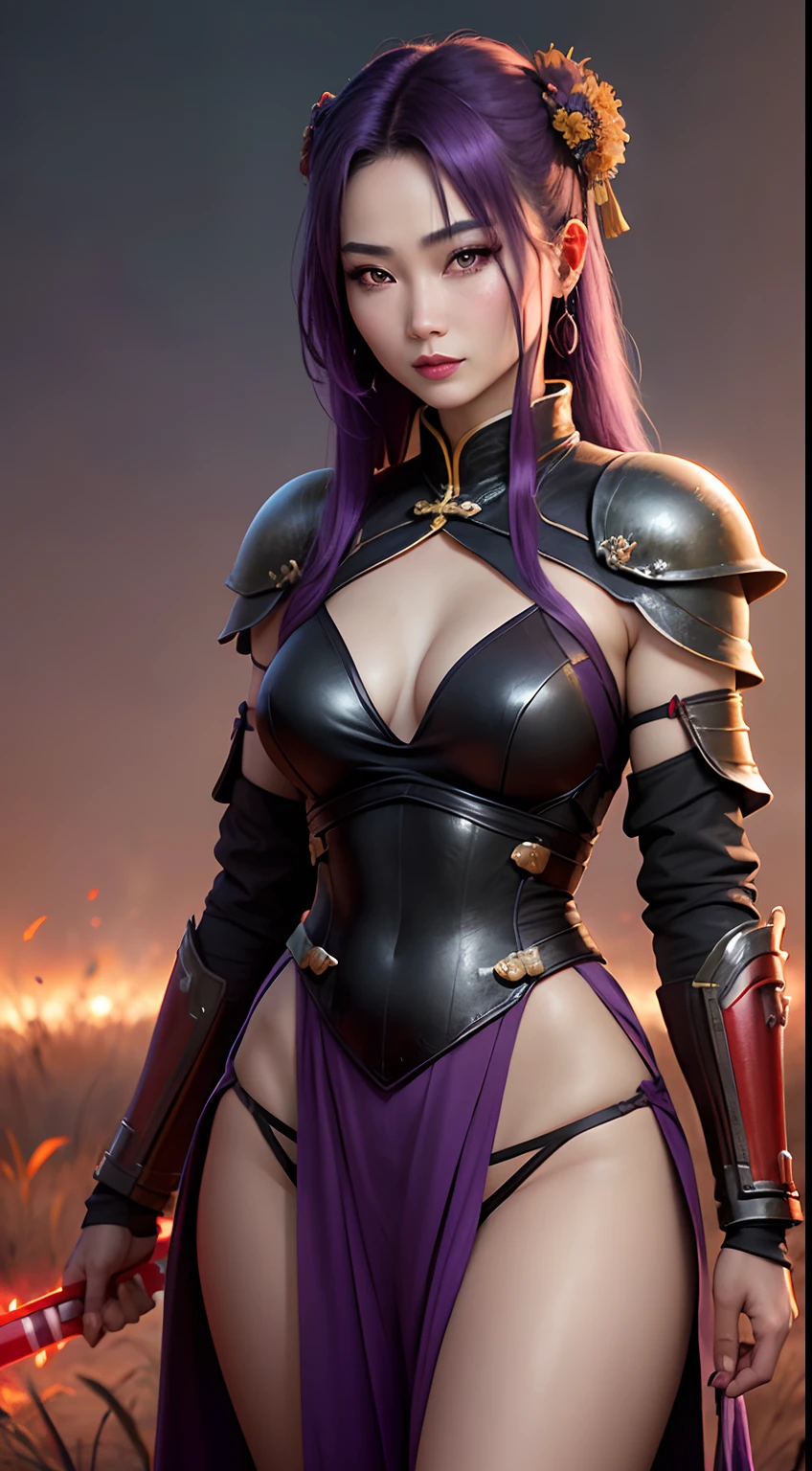 Behind the beautiful female warrior of Chinese amnesty、Stand with a lightsaber in a burnt field at night Turning around and looking at me with a sexy smile About 40 years old Big moon in the background Chinese actress Smooth purple hair heavy make up bright red lips full body Esbian Looking at the camera Asian Beauty a scene from a movie