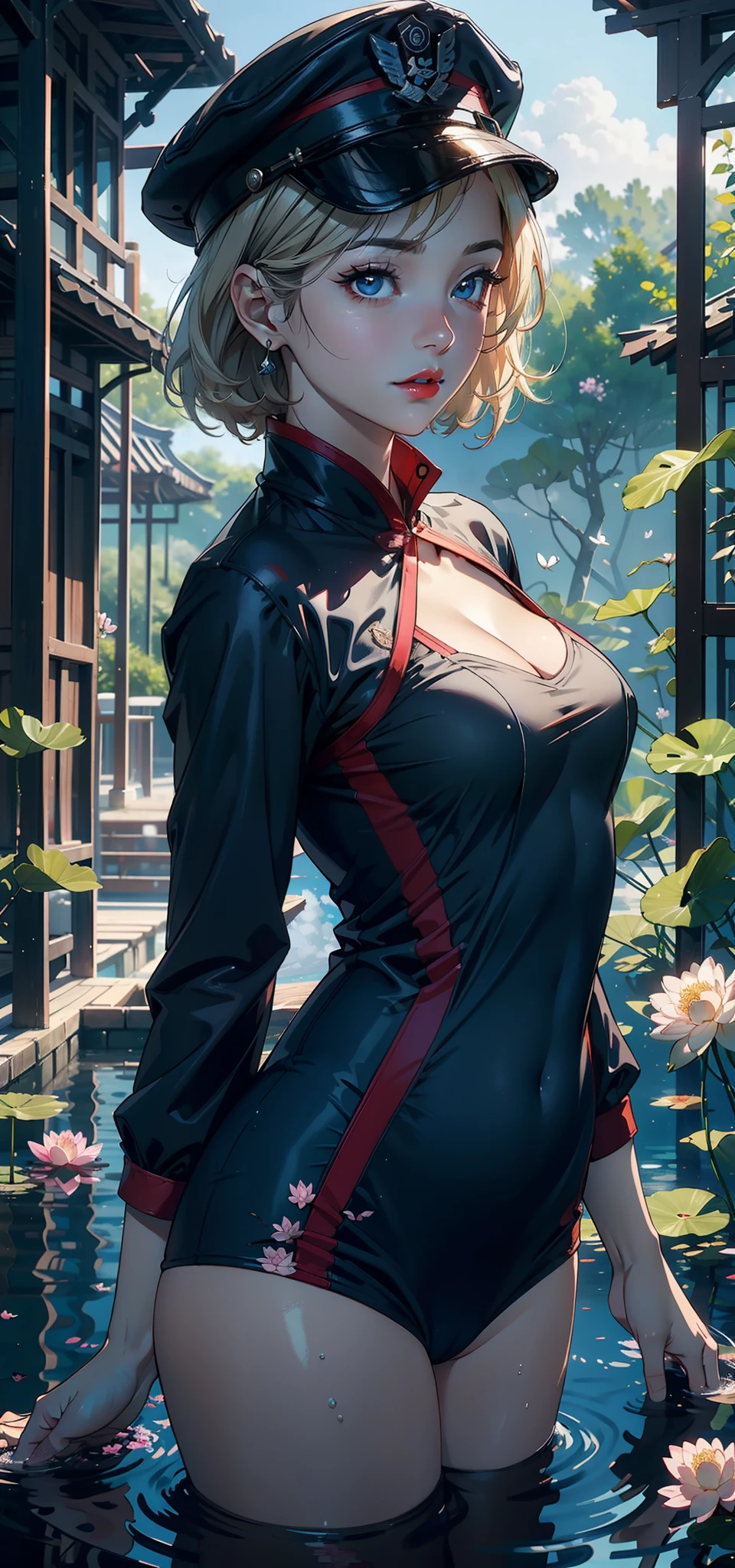 (Background with:ponds,Cherry blossom forest,lotus flower)Lie underwater, She has short blonde hair,bobo head,seen from the front,mostly cloudy sky,(((tmasterpiece),(Very detailed CG unity 8K wallpaper),best qualtiy,cinmatic lighting,detailed back ground,beatiful detailed eyes,Bright pupils,Blue eyes,Snow-whiteskin,Redlip(Very fine and beautiful),(Beautiful and detailed eye description),ultra - detailed,tmasterpiece,))facing at camera,A high resolution,ultra - detailed),revealing breasts,Bare genitalia, Bulge,legs are open,Raised sexy,Camel toes,Desire for dissatisfaction,frontage,us airforce(Wearing : ,Black jumpsuits ,Sky blue cheongsam)Officer's cap