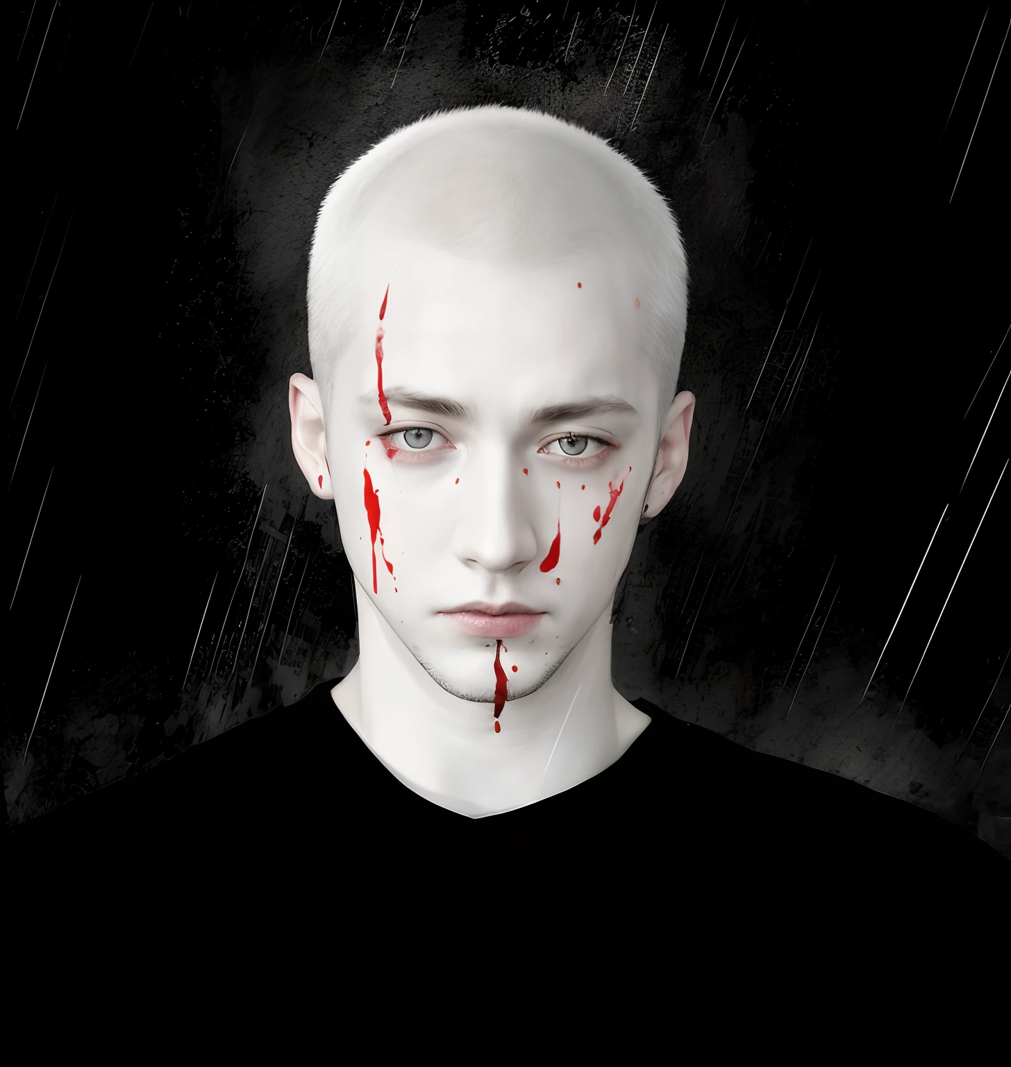 realistic image of a man with a bloody face and a black shirt, depressed, white short hair, sad, rainy background, pale skin, realistic hair, thin face, sick, ill, yellow eyes, tired