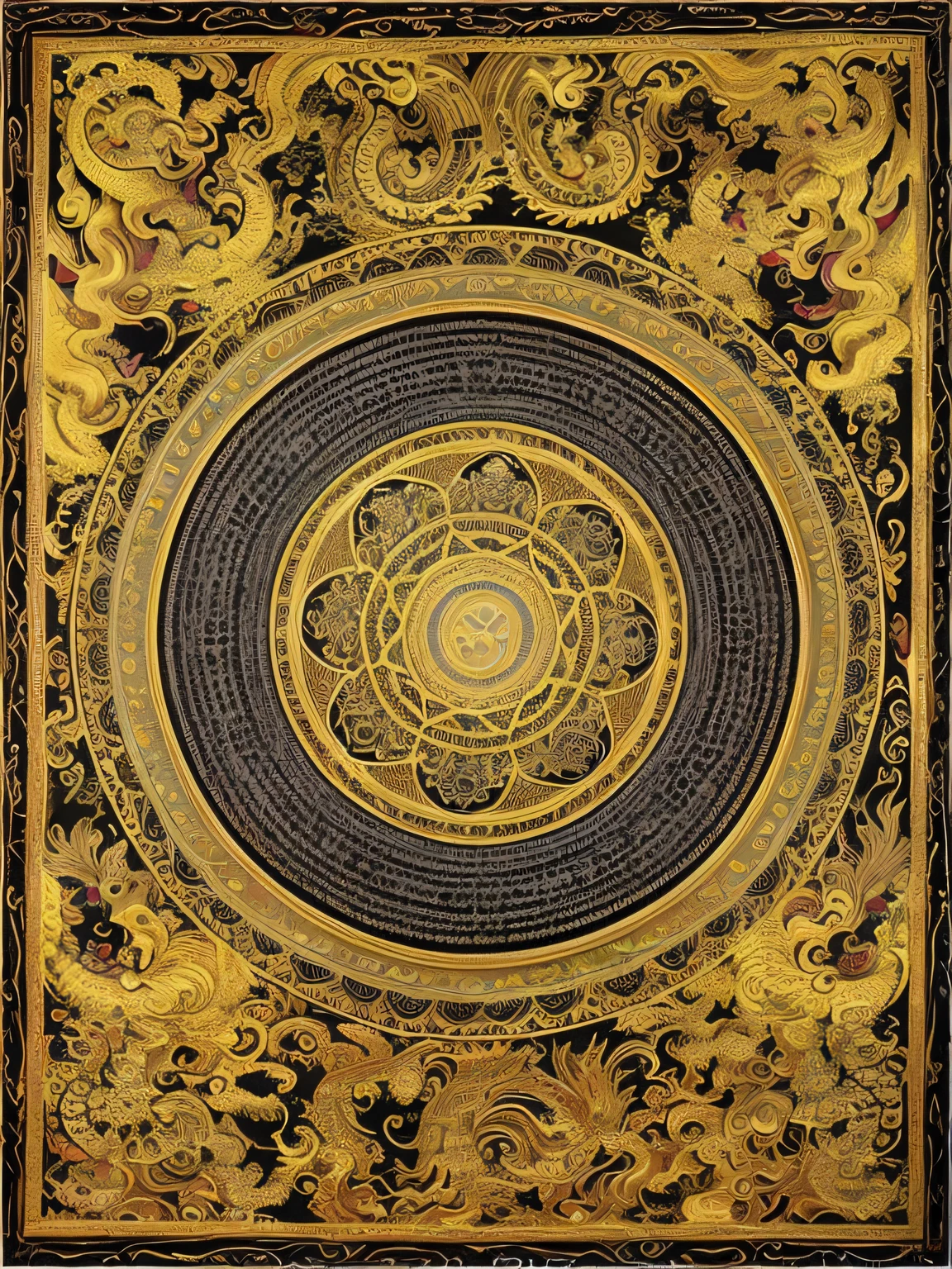 Gold and black painting with close-up of dragon, ornate gilded cosmic machine, a beautiful buddhist mandala, tibetanthangkas, ancient chinese ornate, author:adolf wolfli, wonderful masterpiece, medieval tapestry, Thangka, gold embroidery, Lament configuration, Intricate tapestries, detailed and intricate image, Esoteric art, Intricate detail painting