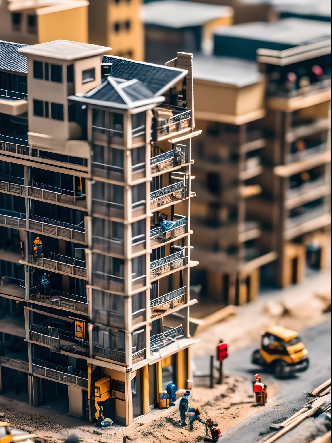 Tilt-shift photography, tiny little miniature contruction men building-up a complex building, action scene.