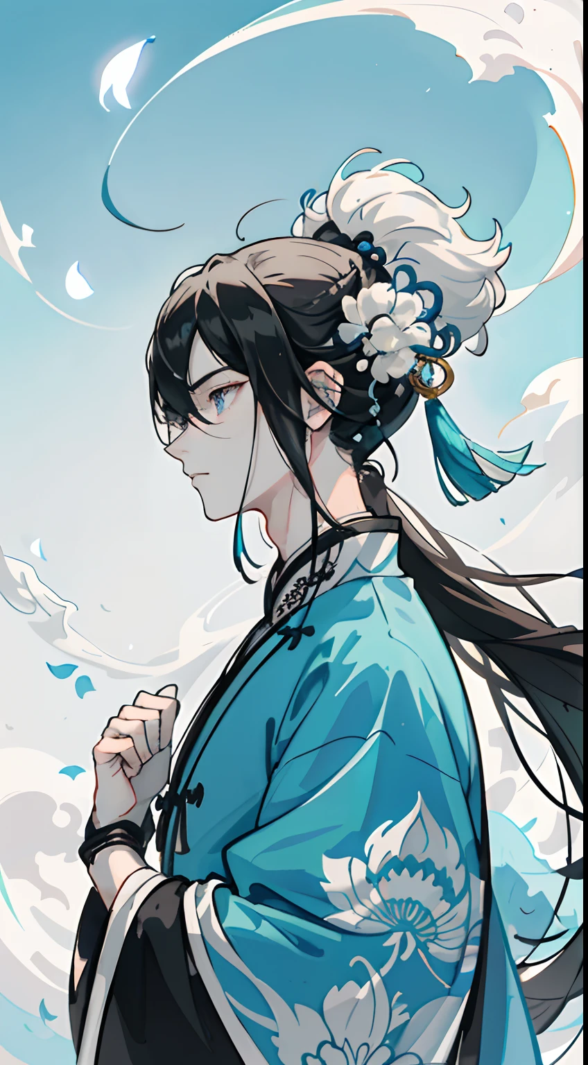 Mature boy, turquoise eyes, black-white hair color, floating hair, delicate and flexible eyes,perfect hands, intricate damask hanfu, side view, fov, f/1.8, masterpiece, ancient Chinese architecture, blue sky, flower petals flying, front portrait shot, Chang'e, side lighting, sunlight on people, 8K