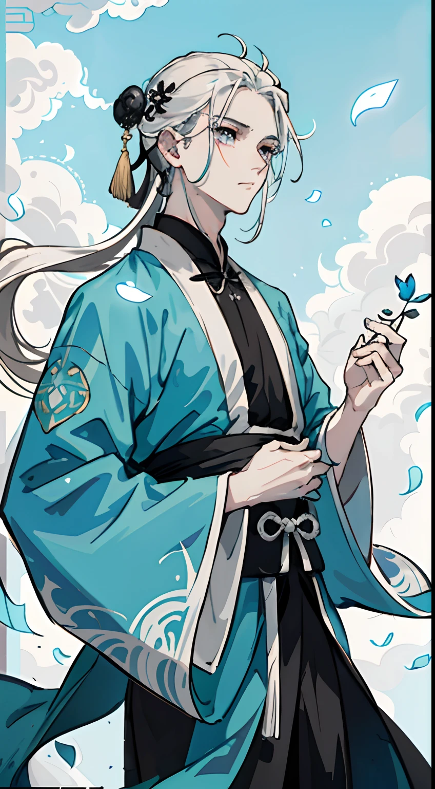 Mature boy, turquoise eyes, black-white hair color, floating hair, delicate and flexible eyes,perfect hands, intricate damask hanfu, side view, fov, f/1.8, masterpiece, ancient Chinese architecture, blue sky, flower petals flying, front portrait shot, Chang'e, side lighting, sunlight on people, 8K