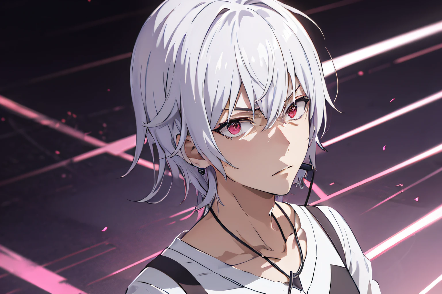 PHA Accelerator, 1boy, (yeux rouges:1.4),  accelerator (Toaru Majutsu no index), narrowed pupils, cheveux blancs, chemise, seulement, collier, striped shirt, striped, Albinos, earphones, pantalon, cheveux entre les yeux, Cheveux courts, clavicule, chemise blanche, yeux fous, explosion,
(Masterpiece:1.2, Best quality), high contrast, portrait, Haut du corps, radiant light, sinple background,fond rouge