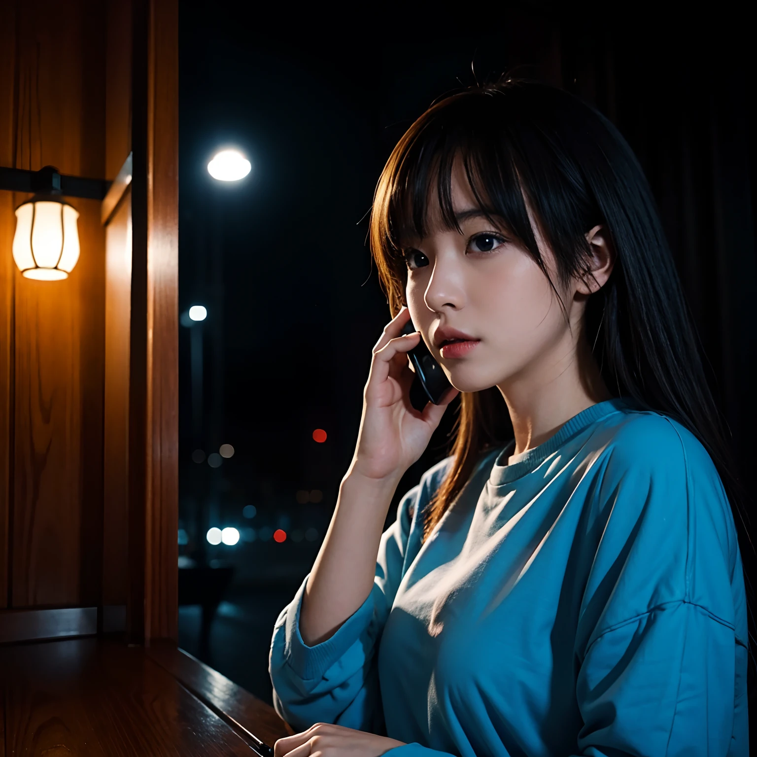 Anime, One girl, On the phone, Night time