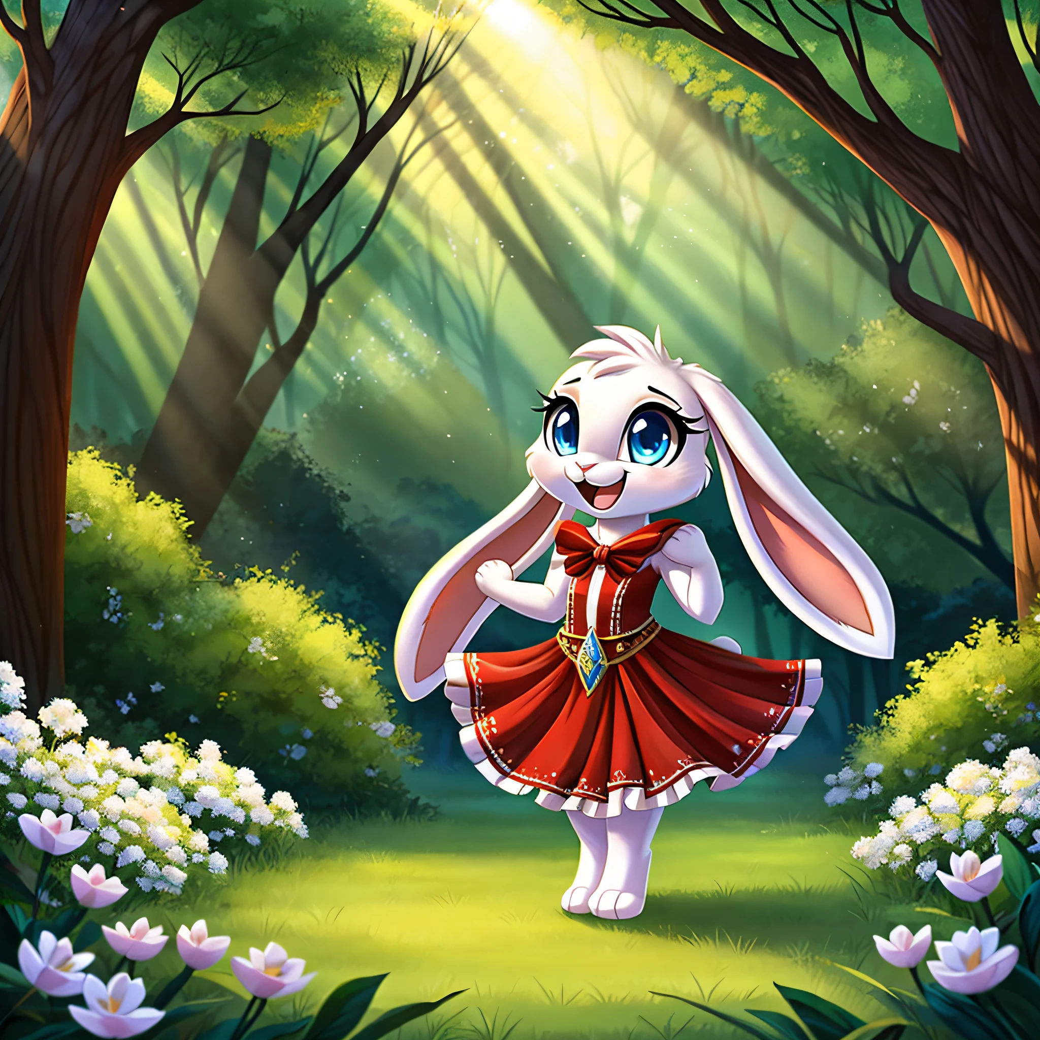zoomed out image, fantasy style art, cute, adorable, short character, small, tiny little fluffy female white bunny with blue eyes, 4 ears, 2 extra ears, big floppy ears, long ears, ears perked up, raised ears, long eyelashes, poofy rabbit tail, wearing a red frilly ribbon dress, smiling, standing in a forest, big expressive smile, open mouth, wide eyes, excited eyes, excited face, stunning visuals, sunlight coming through the trees, white flowers scattered in the bushes, digital illustration