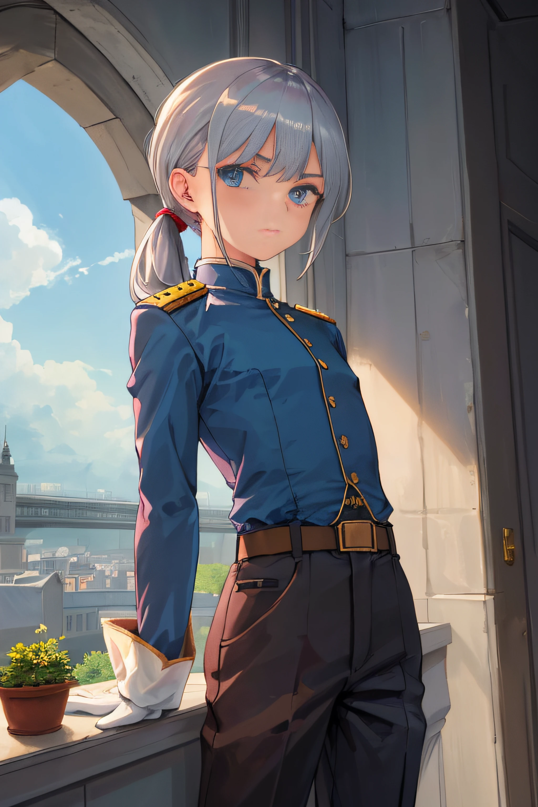 ((One girl is dressed as a guy)),(masterpiece),((wearing military uniform of 18th century)), ((pants)),white gloves,sommelier,one of a kind girl,beautiful eyes with details,beautiful face,slanted eyes cool face,(buzz cut gray hair),(low ponytail),blueeyes,indoor,church,masterpiece,extremely fine and beautiful,boyish,centerd view,facing forward,arms behind back,((flat chest)),((tall of a person))