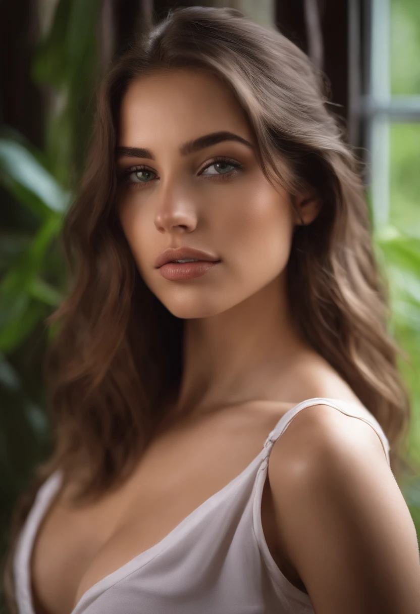 arafed woman with a white tank top and a necklace, sexy girl with green eyes, portrait sophie mudd, brown hair and large eyes, selfie of a young woman, bedroom eyes, violet myers, without makeup, natural makeup, looking directly at the camera, face with artgram, subtle makeup, stunning full body shot, piercing green eyes, beautiful angle, attractive pose, cute girl, sexy pose, full body picture, full body, perfect boobs, big thighs, full body shoot, brunette goddess, high detail, satisfied pose, leather pants