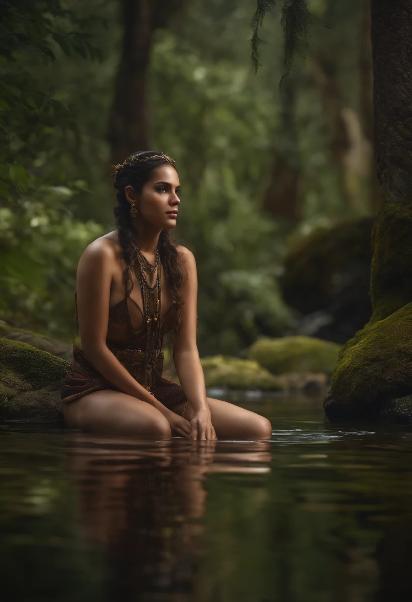 Maozonia indigenous girl, 18 years old, bathing in a river, en medio del bosque, Un jaguar observando desde lejos, triste, clockpunk, Gamercore, Vista a nivel de calle, Renderizado de mezclador, 100mm, Escultura, Colores iridiscentes, Medicalcore, Strobe lighting, ultra realista, fotorrealista, Renderizado de octanaje, Motor irreal, hiper detallado, volumetric illumination, HDR, Renderizado de octanaje, Fantasy 4K 8K