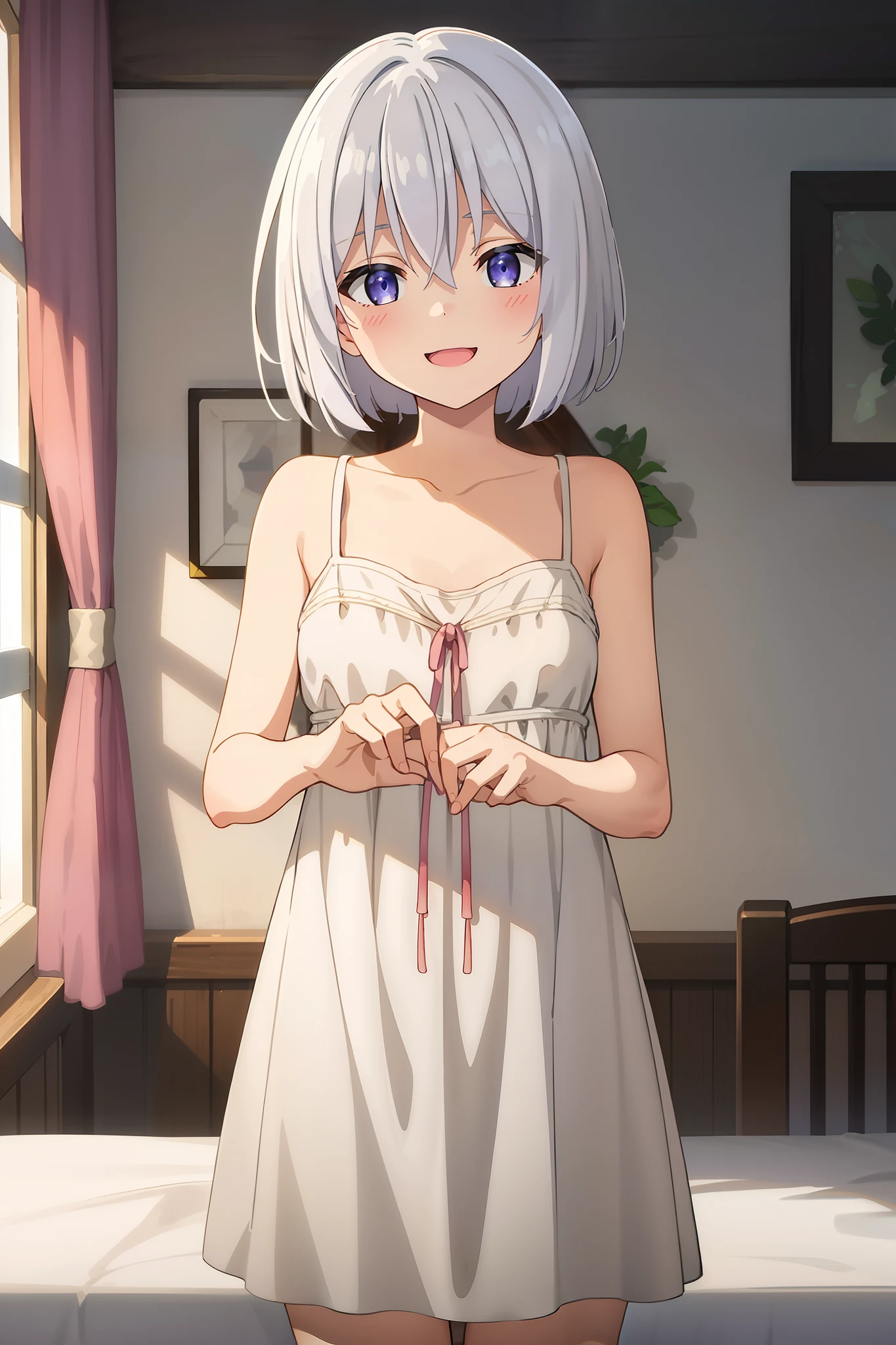elaina,elaina\(nightgown\), (masterpiece:1.6, best quality), shiny hair, short hair, shiny,looking at viewer , happy,indoors,depth of field,