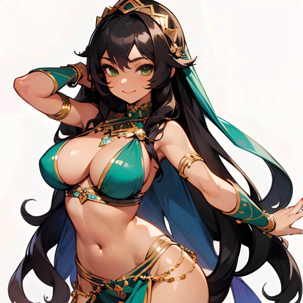 1girl, long black wavy hair, green eyes, brown skin, sexy belly dancer costume, smile, solo, best quality, masterpiece, portrait, simple background, looking at the camera, from the front, 1result, vibrant, detailed, perfect anatomy, detailed art, high definition, 4k, high resolution