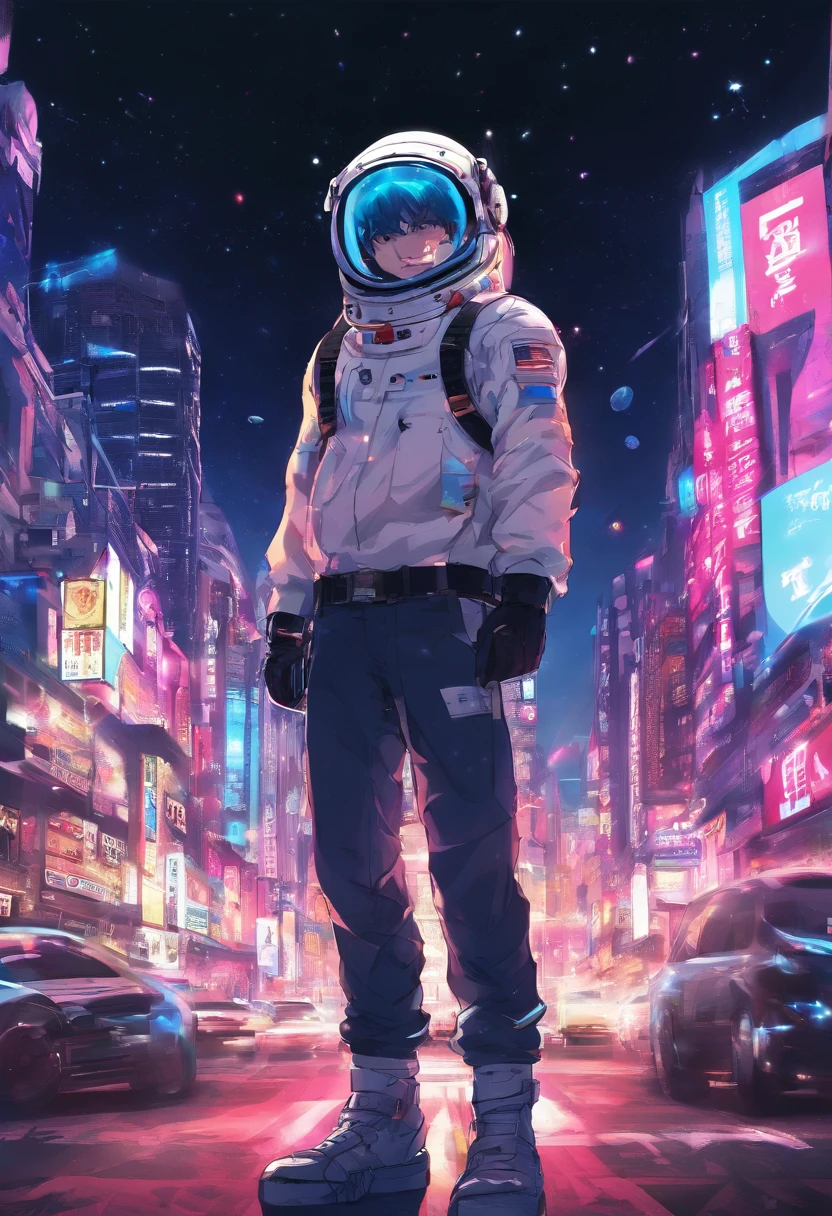 A Korean guy, transformed into an anime style, with exaggerated unique facial features and clothing, standing on a bustling city street, backlit background highlighting the subject, sun light high-contrast colors, 4K high-definition quality，young, smiling, handsome