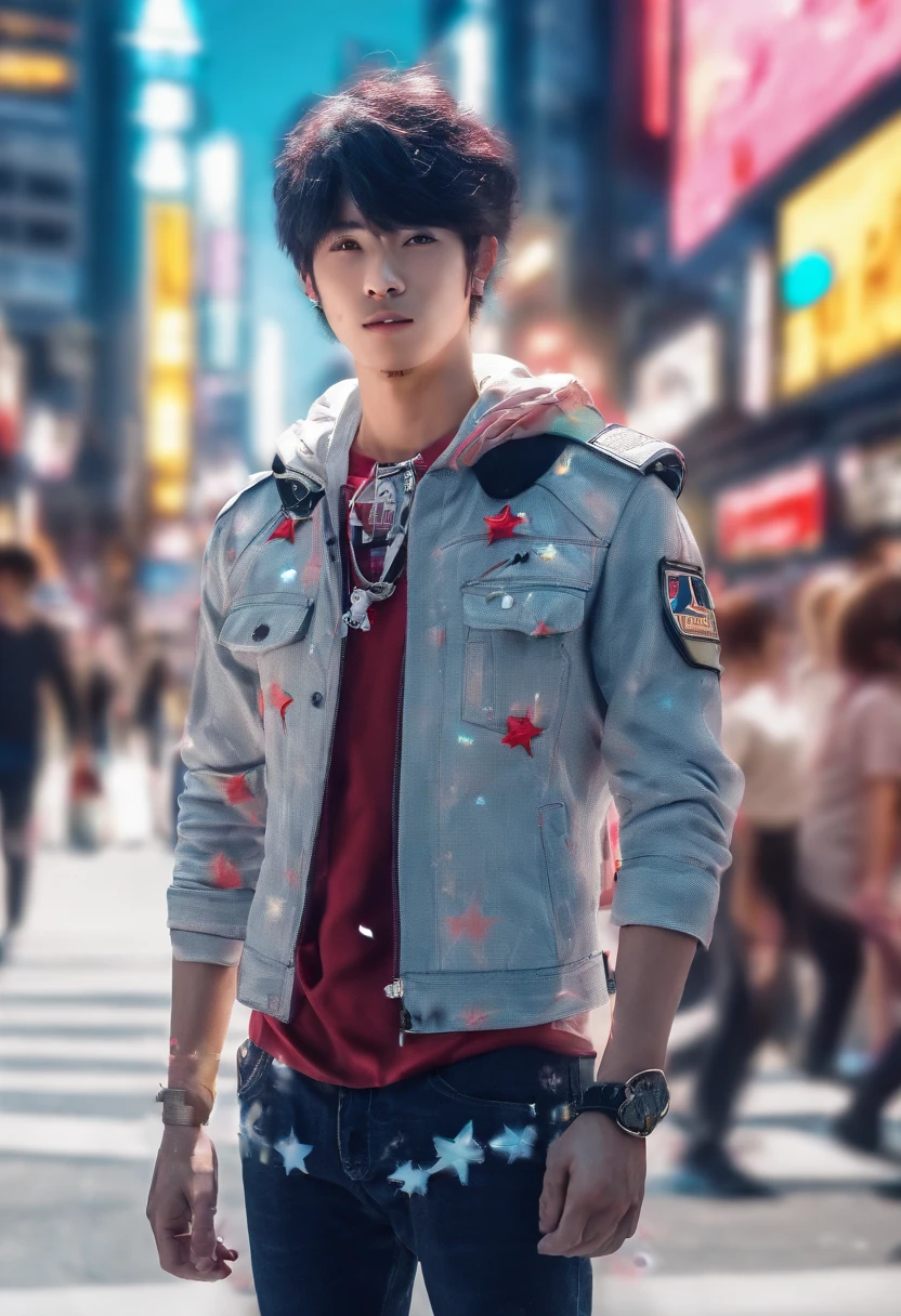 A Korean guy, transformed into an anime style, with exaggerated unique facial features and clothing, standing on a bustling city street, backlit background highlighting the subject, sun light high-contrast colors, 4K high-definition quality,young, smiling, handsome