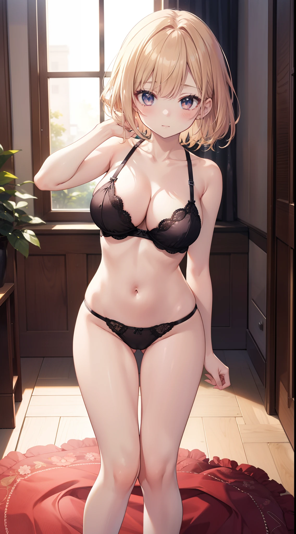 masutepiece、hight resolution、1girl in、in one's underwear only、Brown lingerie、large full breasts、bending forward、Poses that emphasize breasts、Cute anime illustration、