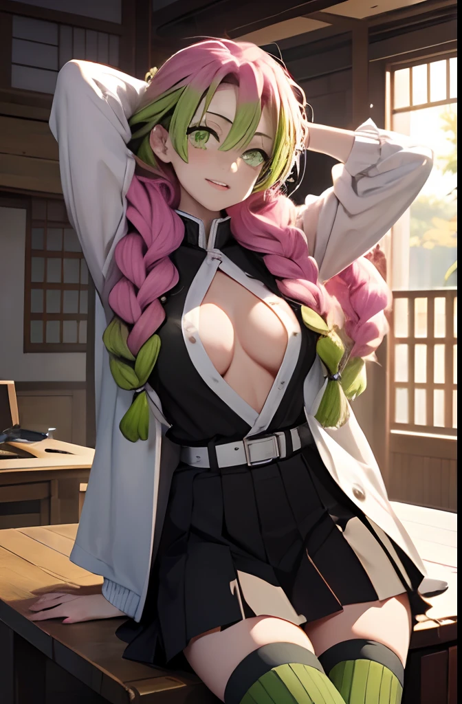 Mitsurikan Log, mitsuri kanroji, braid, Gradient Hair, (Green eyes:1.5), Green hair, Long hair, Mole, Mole under the eyes, multicolored hair, Pink hair, Twin braids, Two-tone hair, Brake belt, Black skirt, cleavage, coat, demon slayer uniform, haori, Komono, Long sleeves, Miniskirt, partially unbuttoned, Pleated skirt, Skirt, uniform, BREAK looking at viewer, Break indoors, BREAK (masutepiece:1.2), Best Quality, High resolution, Unity 8k壁纸, (Illustration:0.8), (Beautiful detailed eyes:1.6), extra detailed face, Perfect Lighting, extremely details CG, (Perfect hands, Perfect Anatomy),colourful hair, The whole body is reflected, (Off-the-shoulder costumes:1.5), ((chest wide open and exposed)), (Smile), Sitting on a chair, legs crossed, Hands behind the head, Showing the side