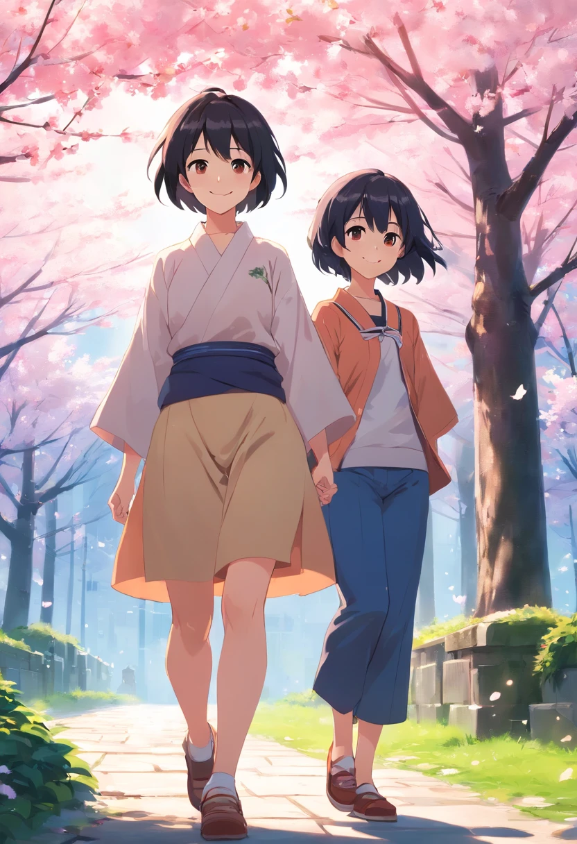 Young girls，ssmile，with short black hair，Full body photo of the front，under a sakura tree，