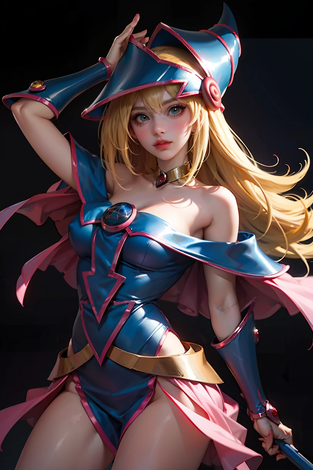 (1  niña dark magician girl):1, (senos medianos):2, (china):3, (proporciones ideales ojos verdes):4 (cabello largo y rubio):6 (Cara muy detallada y delgada), (sthe highest qualit), (Ropa interior ajustada y transparente):1 dark magician girl ropa transparente. Realstic. Ultra detailed photo quality. Cinematic Porter