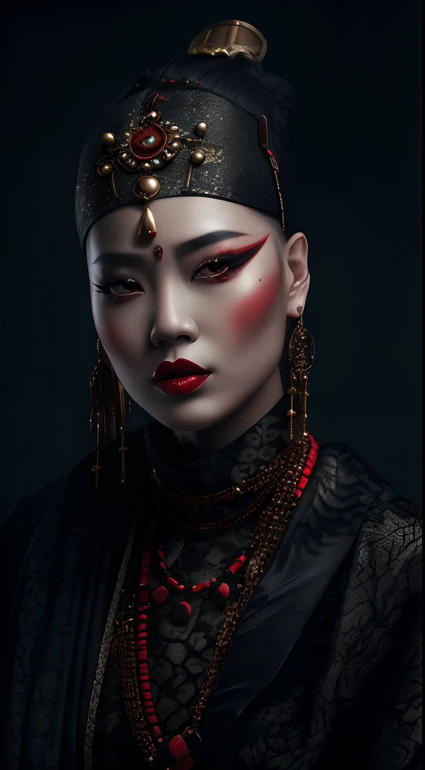 Close-up of woman with red and black makeup, Oriental Face, beautiful oriental woman, detailed face of a asian girl, inspired by Hedi Xandt, portrait shot, asian face, asian woman, Regal and formidable appearance, Dramatic lighting on the face, Portrait of a cyberpunk samurai, inspired by Jin Nong