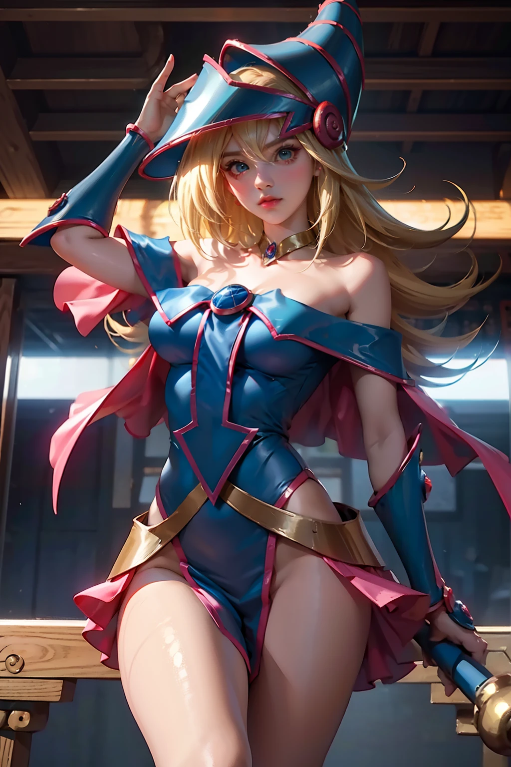 (1  niña dark magician girl):1, (senos medianos):2, (china):3, (proporciones ideales ojos verdes):4 (cabello largo y rubio):6 (Cara muy detallada y delgada), (sthe highest qualit), (Ropa interior ajustada y transparente):1 dark magician girl ropa transparente. Realstic. Ultra detailed photo quality. Cinematic Porter