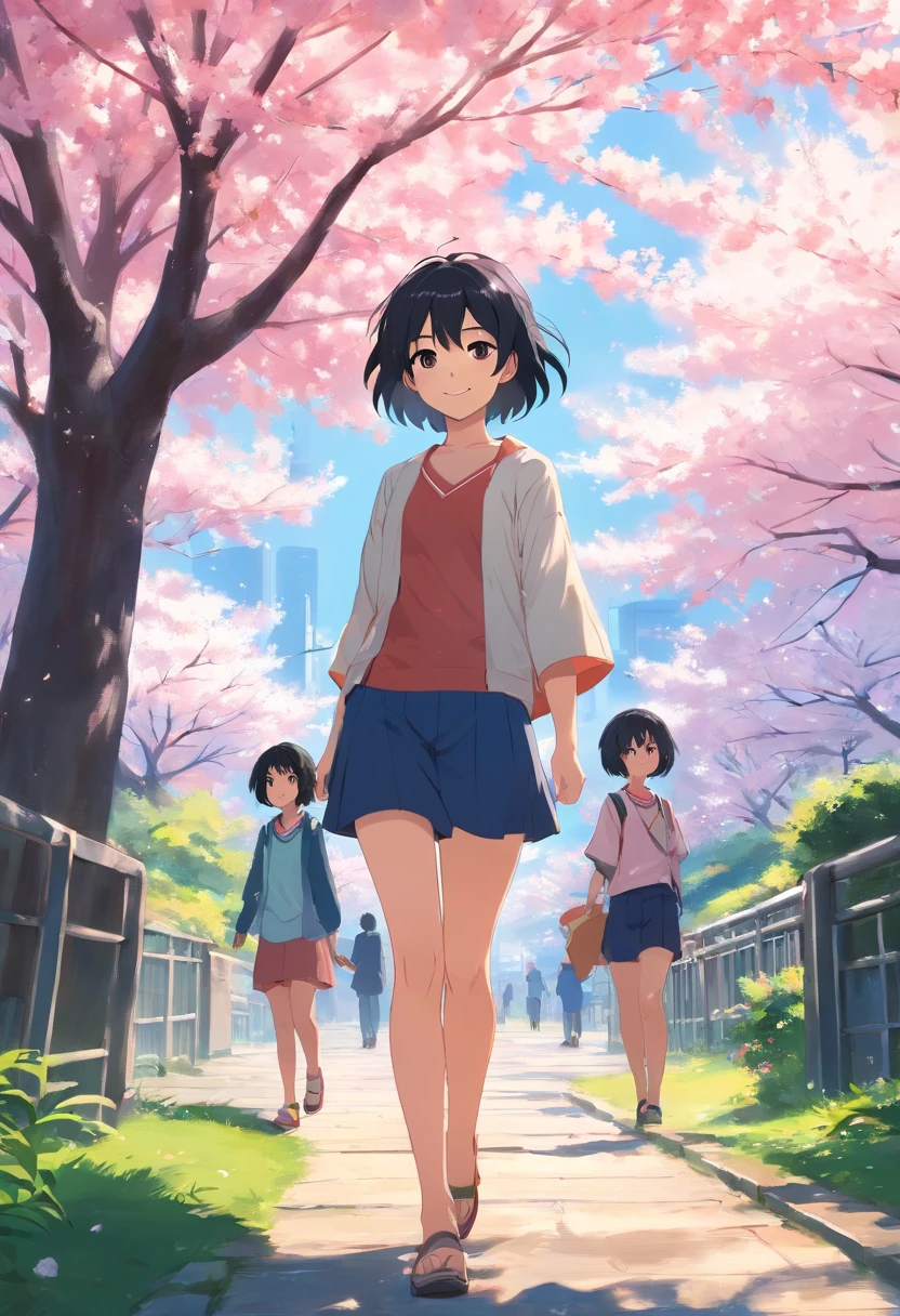 Young girls,ssmile,with short black hair,Full body photo of the front,under a sakura tree,tmasterpiece,best qualtiy,A high resolution
