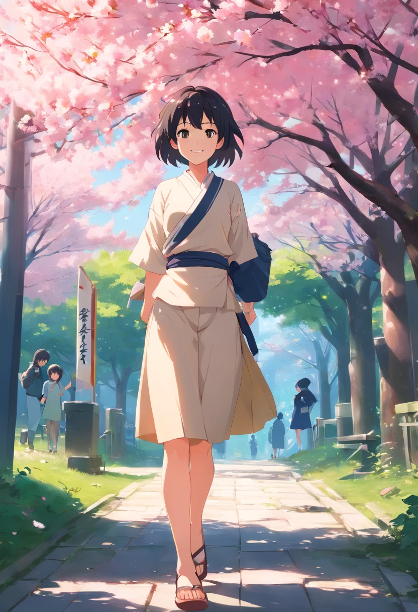 Young girls,ssmile,with short black hair,Full body photo of the front,under a sakura tree,tmasterpiece,best qualtiy,A high resolution