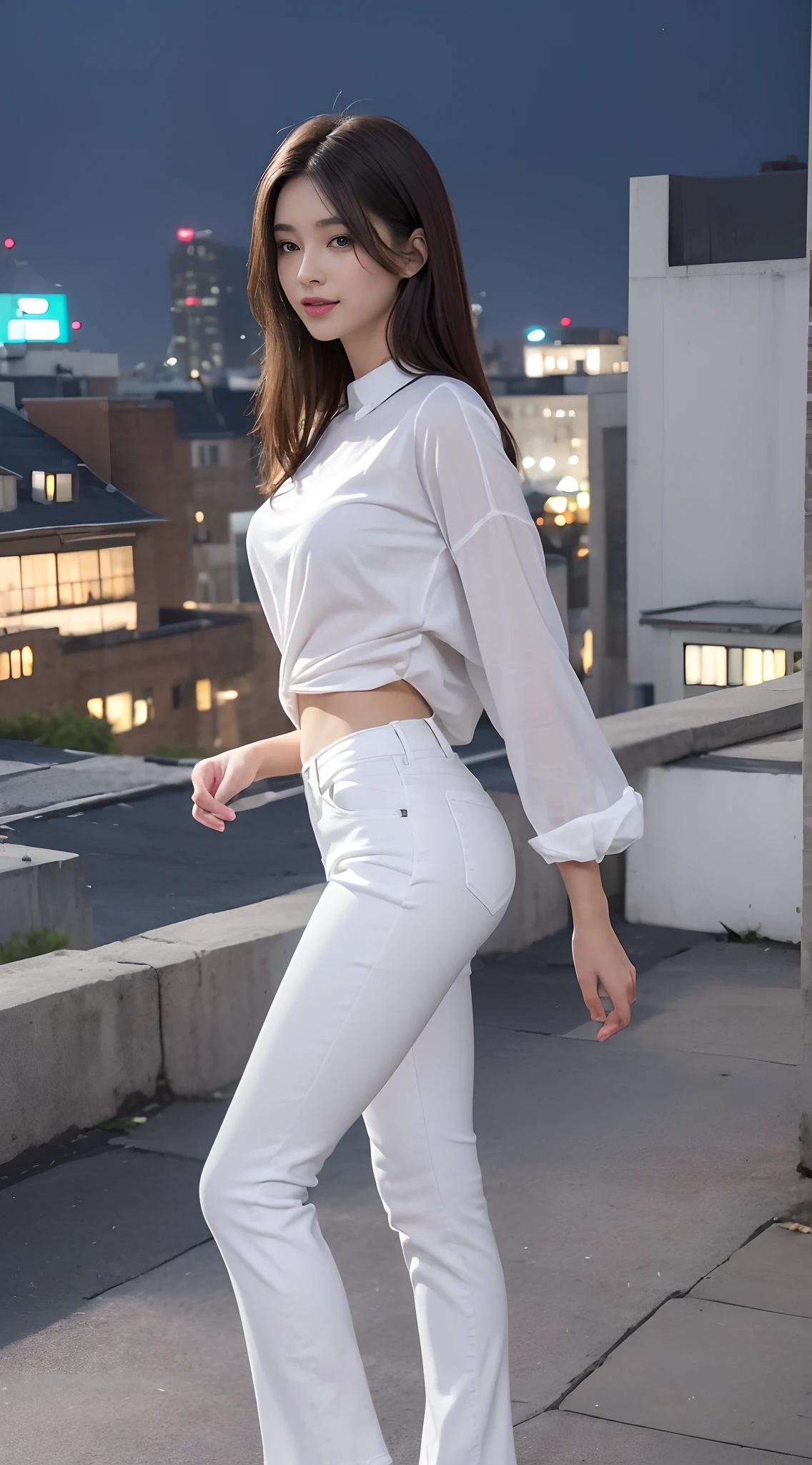 (highest image quality:1.35), high quality, Realistic photo, (A beautiful woman:1.33), beautiful expression, (delicate eyes:1.3), (delicate face:1.3 ), Smile, (slick hair:1.2), Super detailed , high resolution, athletic figure, (big breasts:1.25), (long hair:1.2), (beautiful woman), ( Cute navel:1.2), (Depth of field f/1.8:1.45 ), sharp focus, original photo , (Thin white shirt:1.45), (Thin white pants:1.4), (Thin white tight pants: 1.4 ), (Thick thighs:1.5), (Forward:1.25), (cowboy photo: 1.4), (Night sports:1.4), (dark sky:1.5 ),