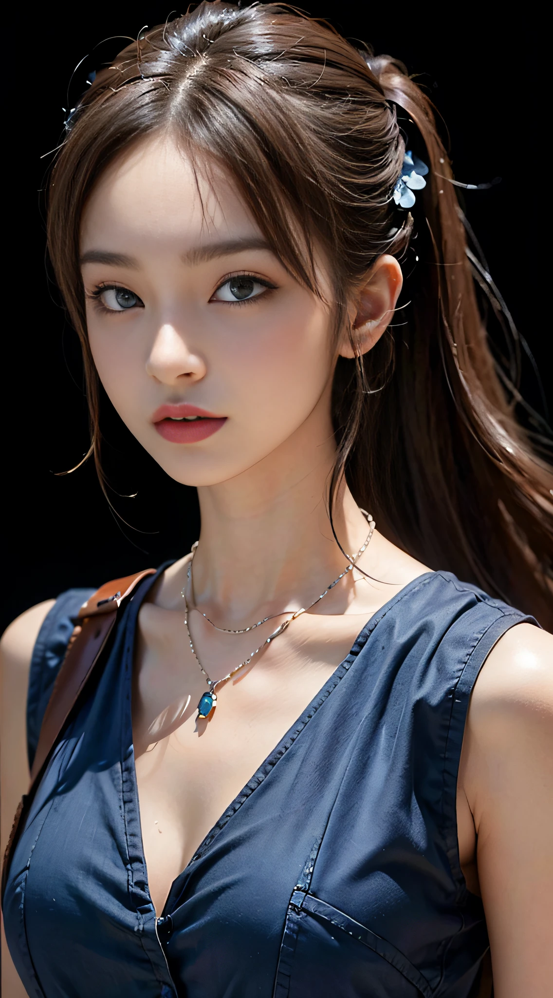 ((masterpiece:1.4)、(top-quality:1.4)、(reallistic:1.7))、masuter piece:1.4、Kawaii Girl、Portrait photos、Close-up photos、Upper body photography、beautiful countenance、defiance、dark backgrounds、Narrow waist、poneyTail、Raw photo、red-lips、a choker:1.4、a necklace:1.4、耳Nipple Ring:1.4、1 screen display、