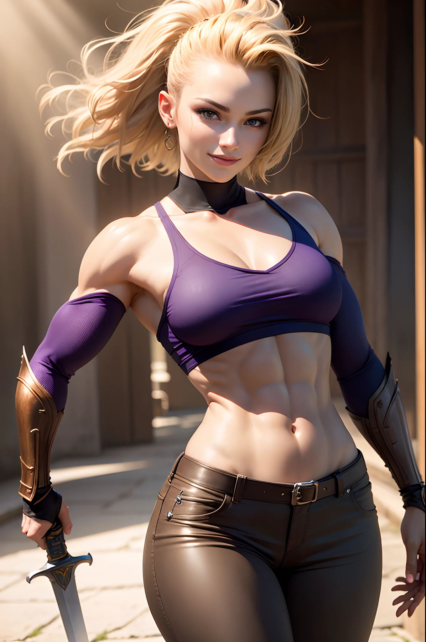 Photorealistic, High resolution, Soft light,1womanl, Solo, Muscular and macho body, (Detailed face),Blonde Mohawk, Black and brown pants and foot armor, Black and brown armor, shining purple eyes enticing 超A high resolution super precision Confident smile real looking skin Holding a big sword The effect of emitting strong light from the body