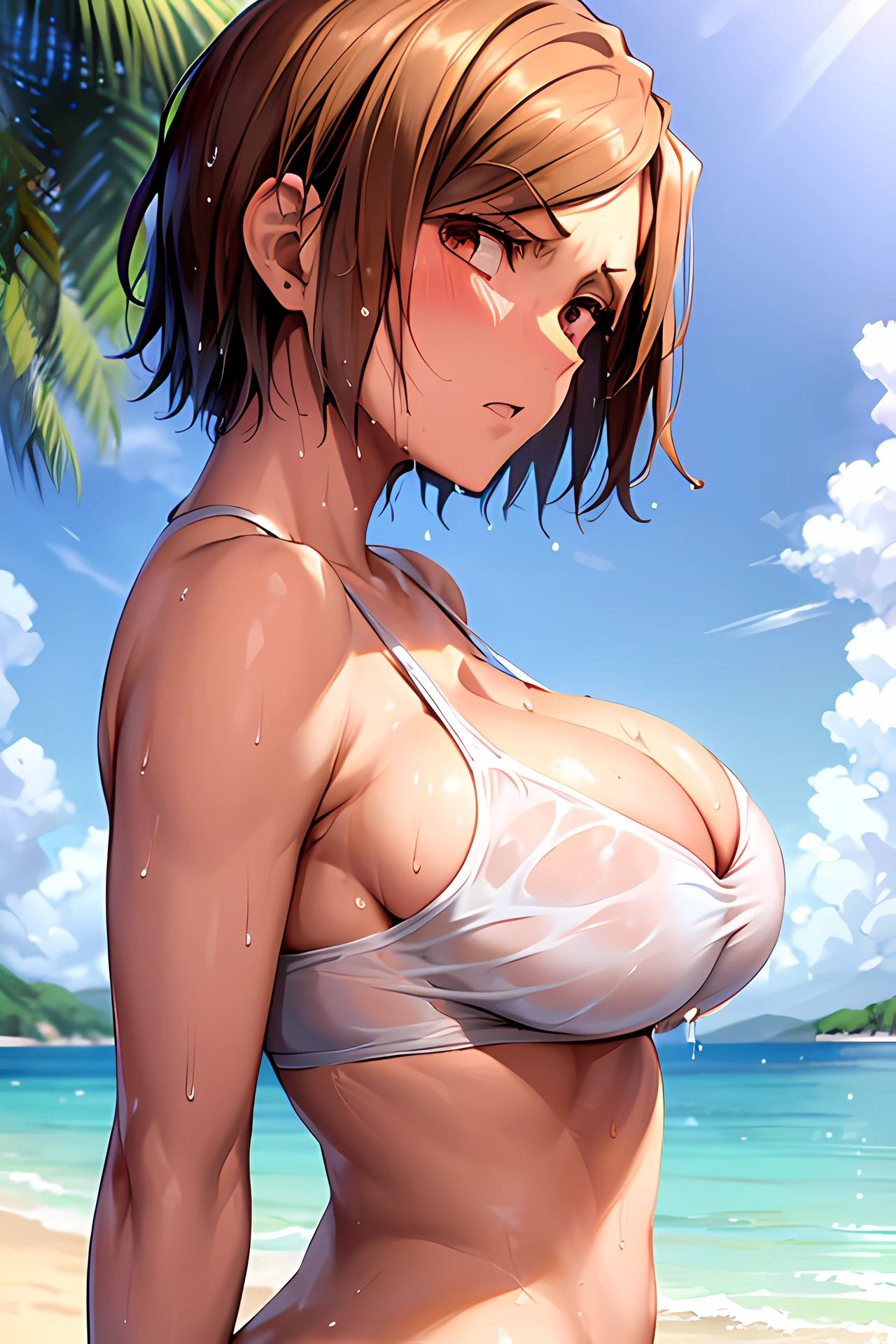 masterpiece, photo of nobarajk, short hair with large breasts and a huge ass and wearing a sports bra on a beach with sunny weather, (wet skin and hair:1.5), (light skin), (sweating) ,(beautiful scenery),(perfect face), masterpiece, blush, 1girl, solo, smooth anime cg art, arms behind back, disgruntled expression