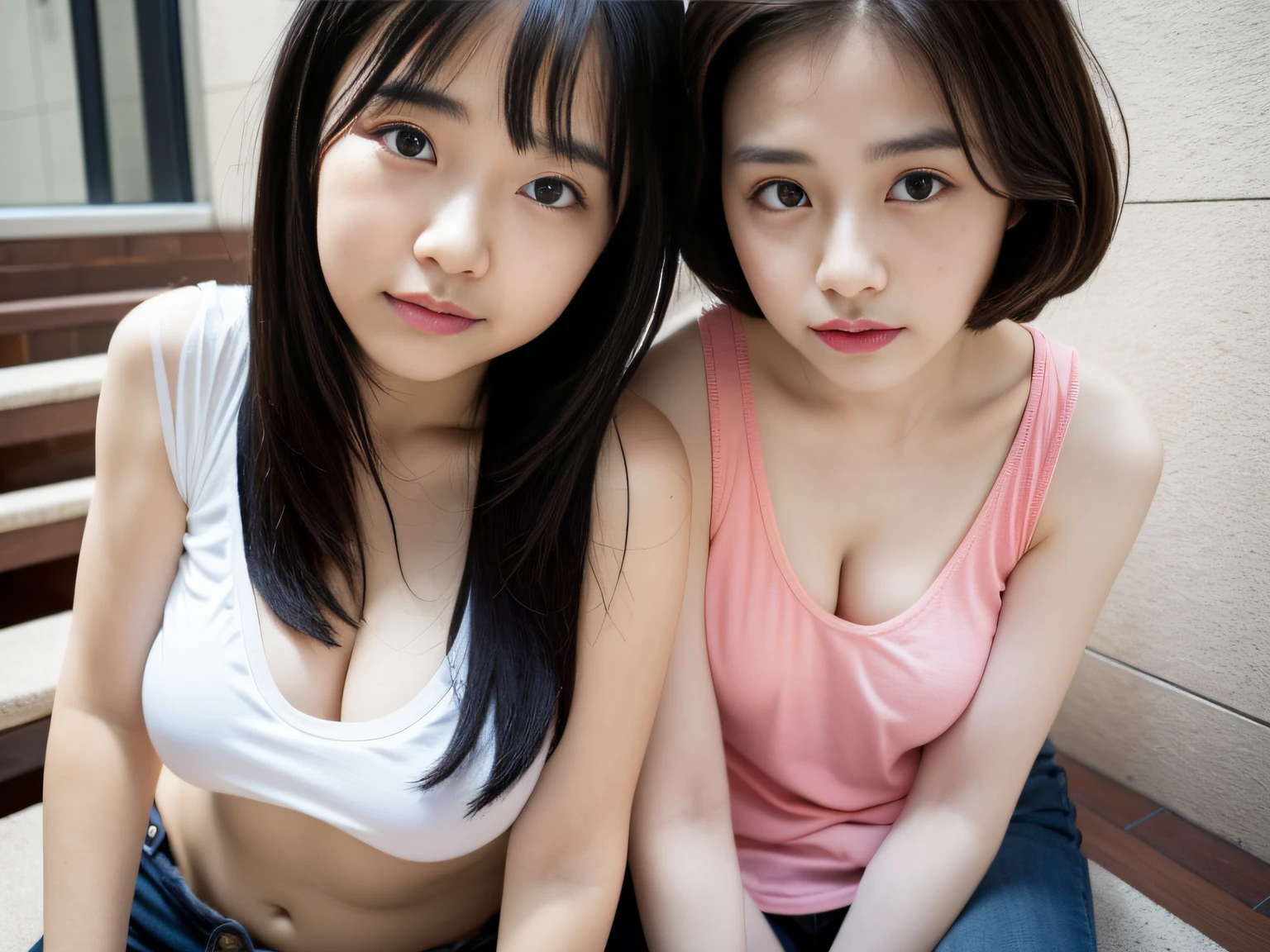 Two beautiful girls wearing summer knits、japanes、16years、look away from the camera、terraces、Spinning、A dark-haired、