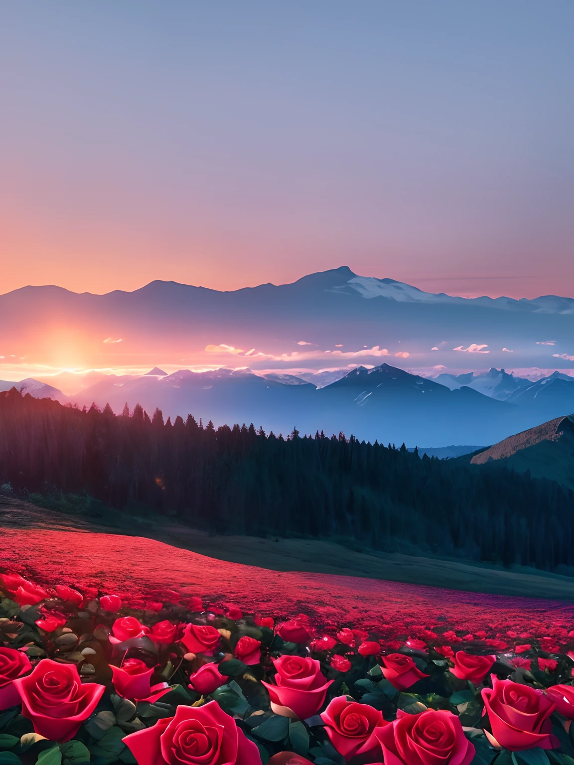 Best quality, masterpiece, sunset, rose, mountain, high resolution, 8k uhd, high quality, volumetric lighting, high resolution, 4k, 8k,