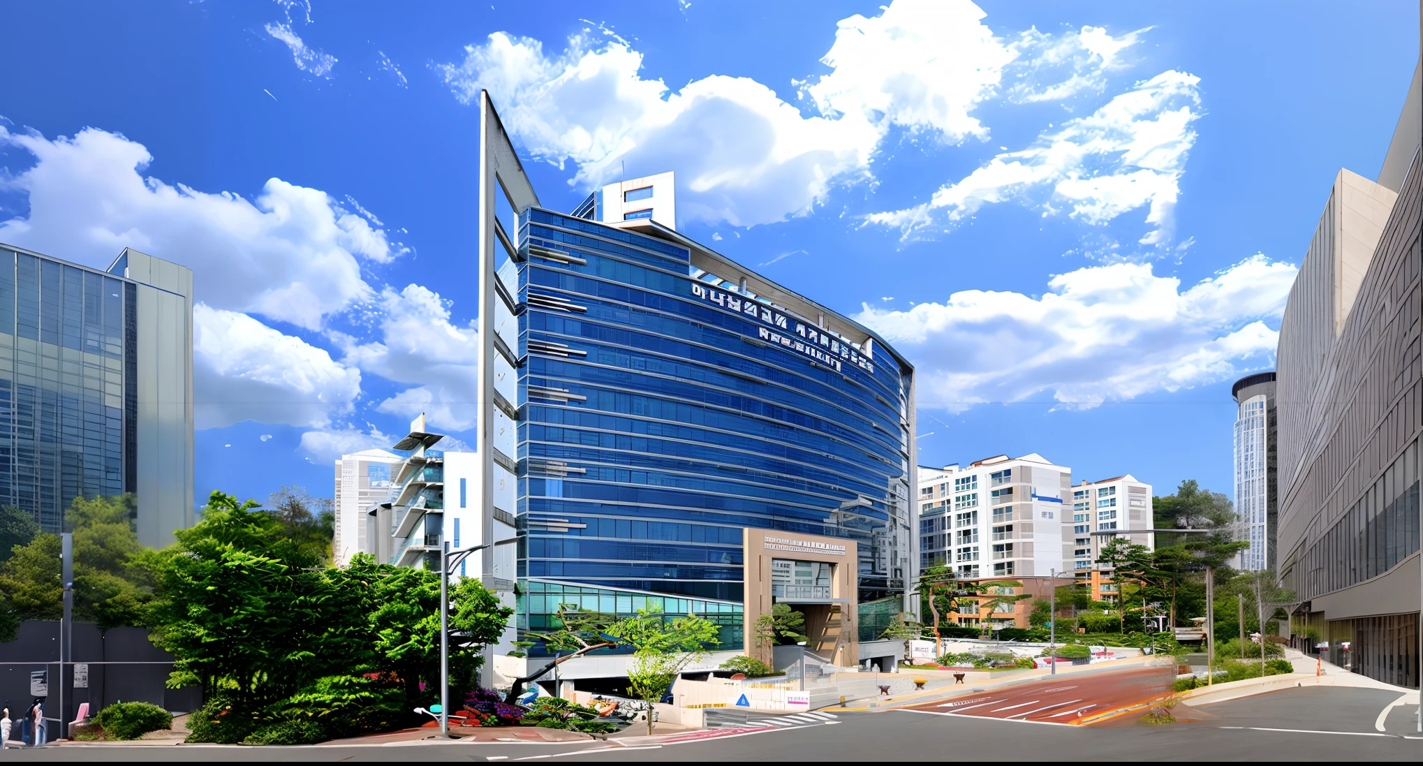 there is a large building with a lot of windows on it, ji-min, hospital, exterior shot, office, full - view, news photo, medical complex, full building, summer, exterior photo, hyung-tae kim, hyung - tae kim, hospital in background, riverside, exterior wide shot, er drama, sunny summer day