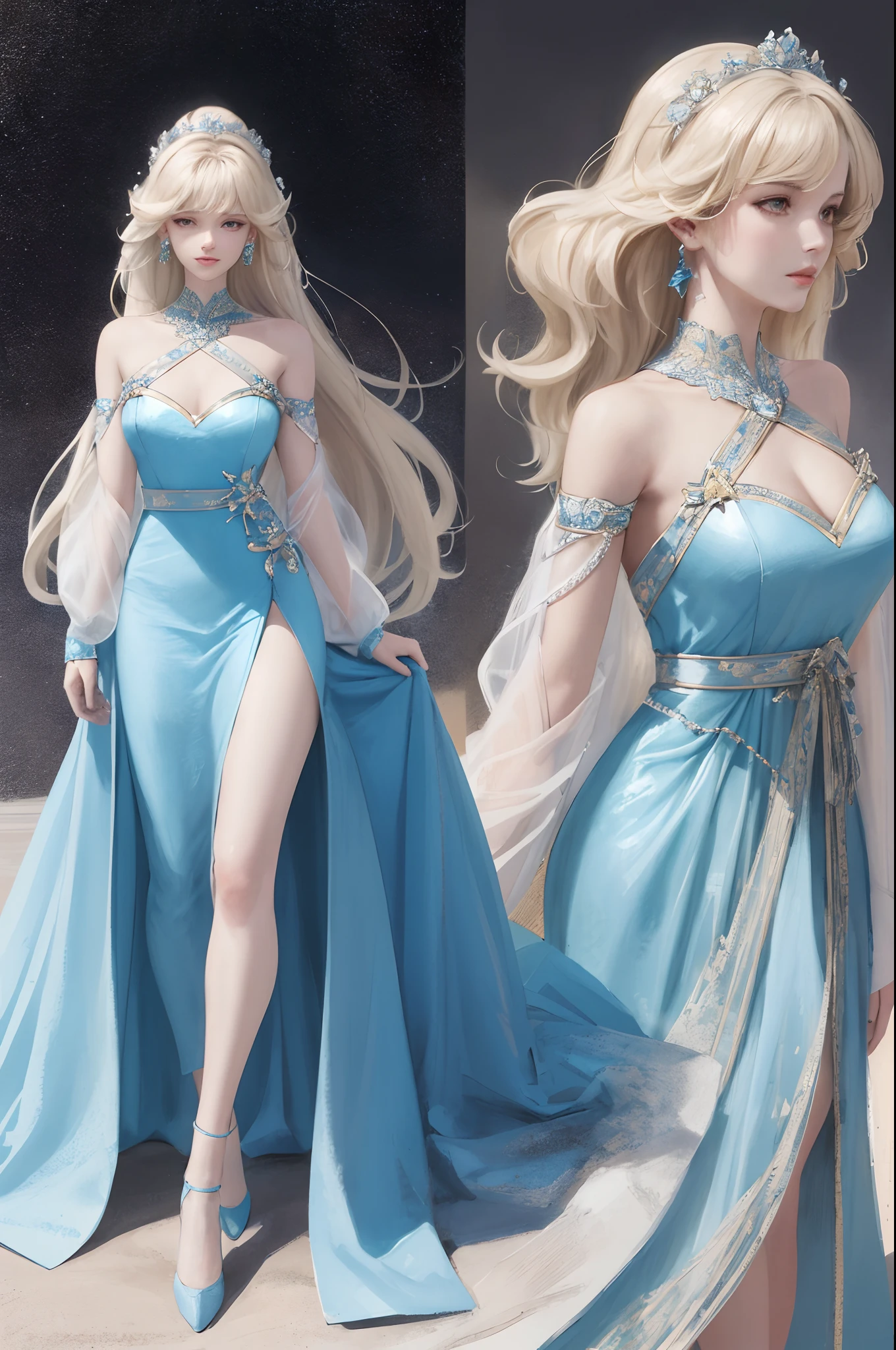 a drawing of a woman in a blue dress with a blue triangle, inverted triangle body type, elongated figure, feminine proportions, stylized proportions, full figure centered in portrait, proportions off, humanoid shape, cone shaped, front symetrical, half figure front, distant full body view, mid body portrait, outfit design, there is space around the figure
