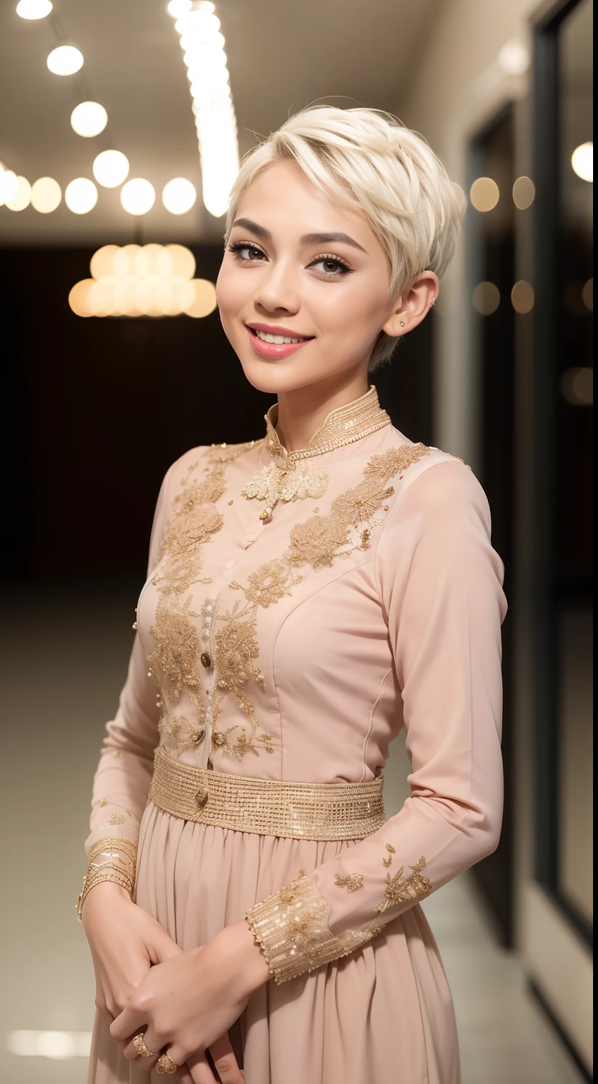 Malay girl, very short white hair, pixie cut hair, wear light plain pastel red women's long-sleeved dress opened at the front, secured with buttons, pins, or brooches, (baju kebaya:1.3) laughing and posing with hand on hip, wear handbag, from back view, windy, detail skin, age spot, detail skin texture, mole below eyes, small breast, flat chest, wide hips, small waists, thick thighs, slim abs, beautiful body, nighttime, laughing, happy, bright lighting, crowded dinner hall, blur background, bokeh,