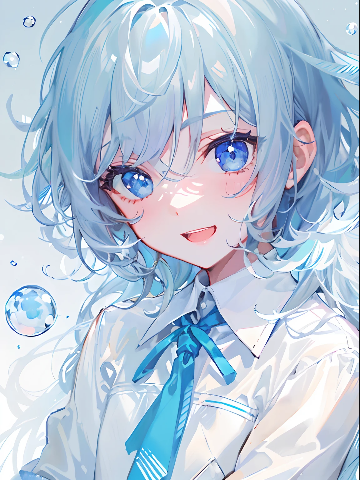 ((top-quality)), ((masterpiece)), ((ultra-detailliert)), (extremely delicate and beautiful), girl with, 独奏, cold attitude,((Black jacket)),She is very(relax)with the(Settled down)Looks,A dark-haired, depth of fields,evil smile,Bubble, under the water, Air bubble,bright light blue eyes,Inner color with light white hair and and light blue tips,Cold background,Bob Hair - Linear Art, shortpants、knee high socks、White uniform like school uniform、Light blue ribbon ties、Clothes are sheer、Hands in pockets、Bright eyes like sapphires,flourescent blue, There was a little blue light floating around、Upper eyes、foodie