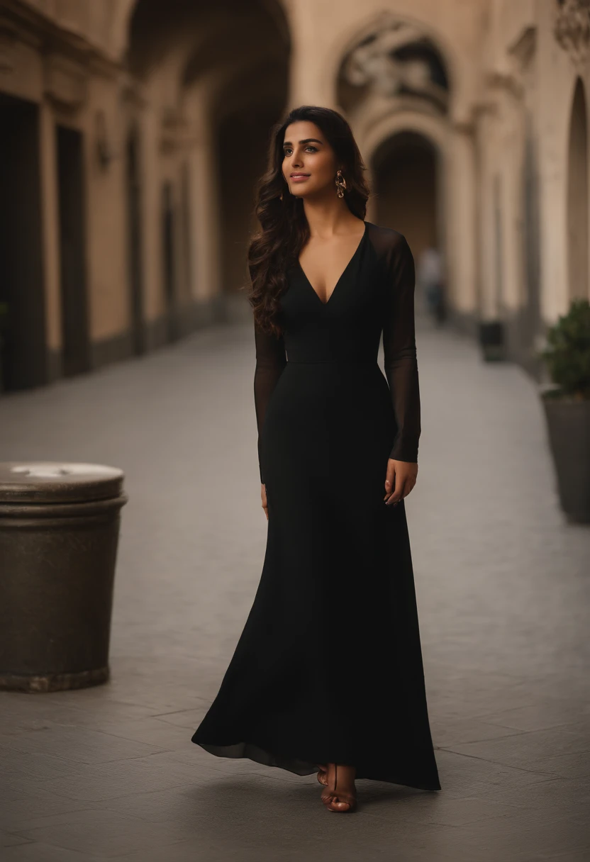 full shot of a beautiful woman, her name is Zainab Suad, Saudi, middle eastern, 22 years old, fare skin, light-brown eyes, brunette long hair, slim, lady, aristocrat, smiling, full body, without makeup, wearing a black expensive dress , walking down a street .